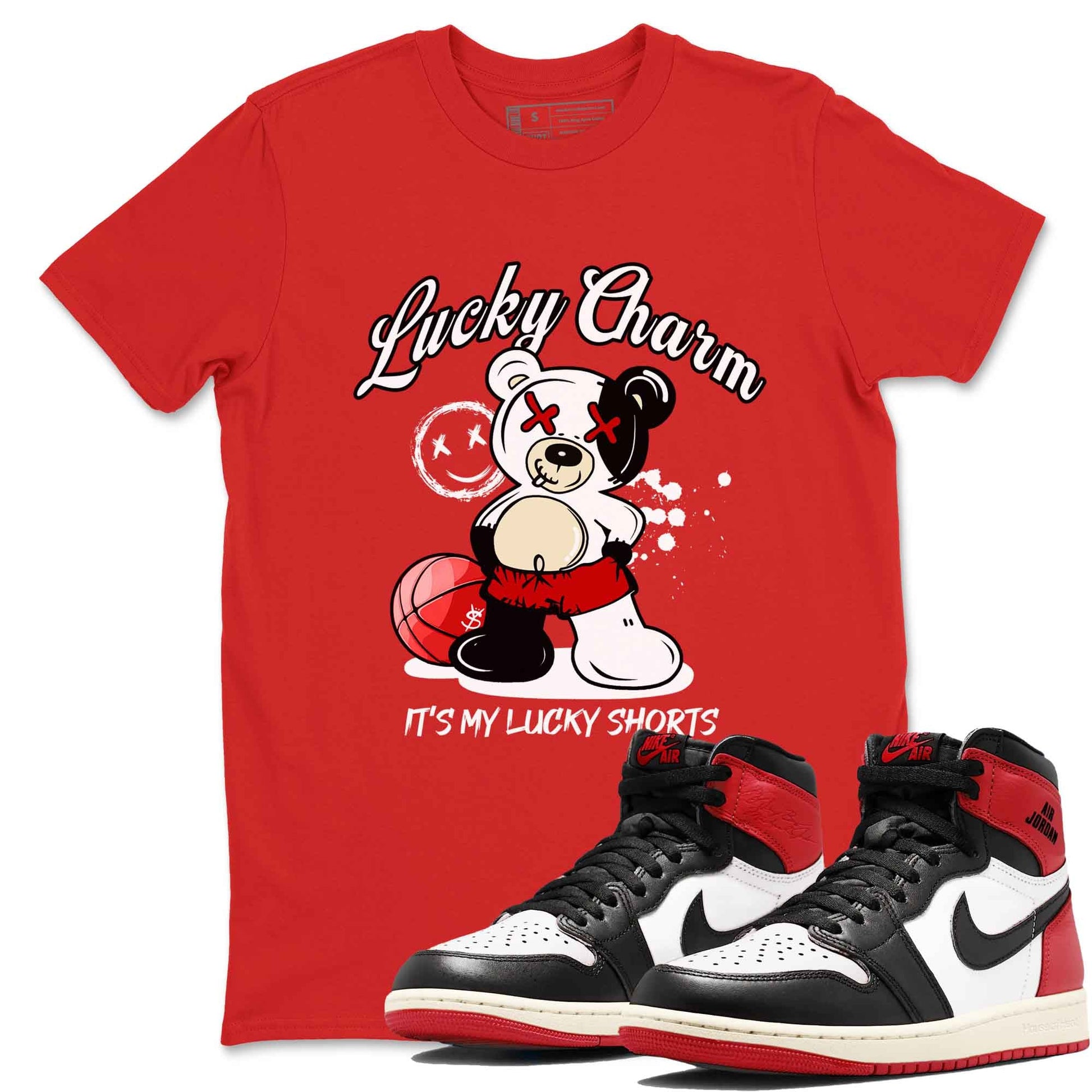 1s Black Toe Reimagined shirts to match jordans Lucky Charm best t shirts to wear with jordans AJ1 High OG Black Toe Reimagined match shoes to clothes SNRT Sneaker Tees unisex cotton Red 1 shirts