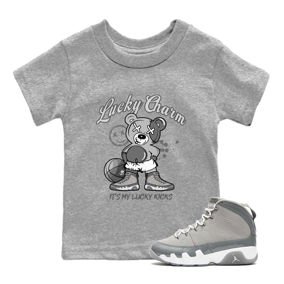 9s Cool Grey shirts to match jordans Lucky Charm sneaker match tees Air Jordan 9 Retro Cool Grey match shoes to clothes SNRT Sneaker Tees Youth Baby Heather Grey 1 tee