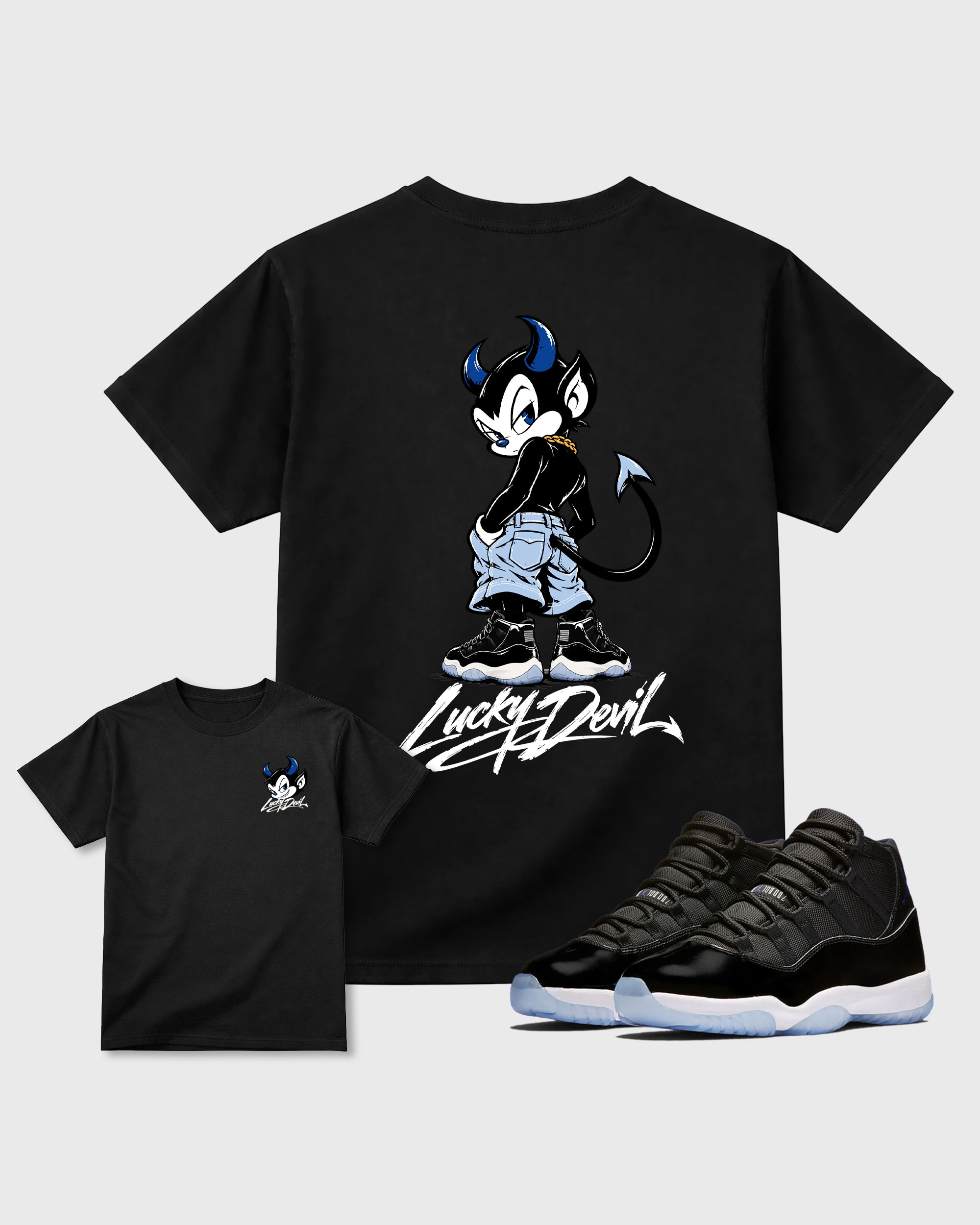 Lucky Devil Black Graphic T-Shirt - 1, sneaker matching tee designed to match Air Jordan 11 Retro Space Jam sneakers for a coordinated sneaker outfit.