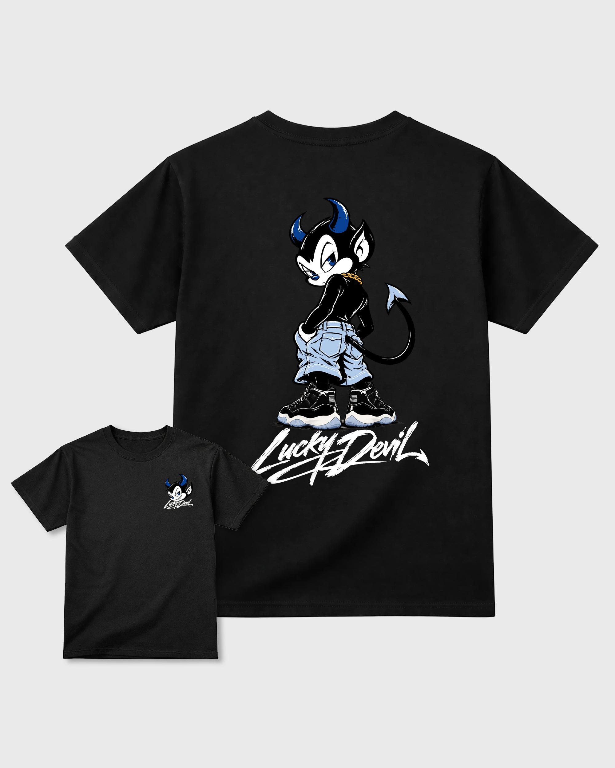 Lucky Devil Black Graphic T-Shirt - 3, sneaker matching shirt designed to pair with Air Jordan 11 Retro Space Jam sneakers for a coordinated streetwear outfit.