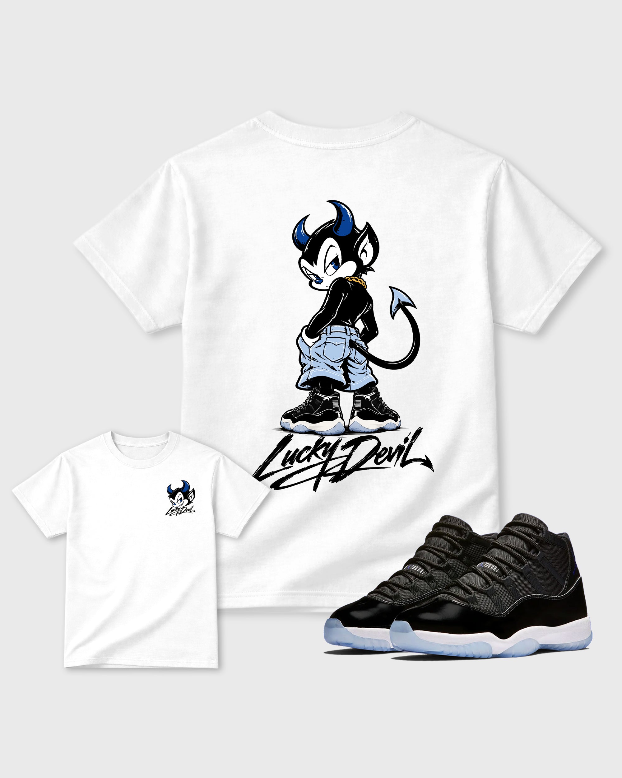 Lucky Devil White Graphic T-Shirt - 1, sneaker matching tee designed to match Air Jordan 11 Retro Space Jam sneakers for a coordinated sneaker outfit.