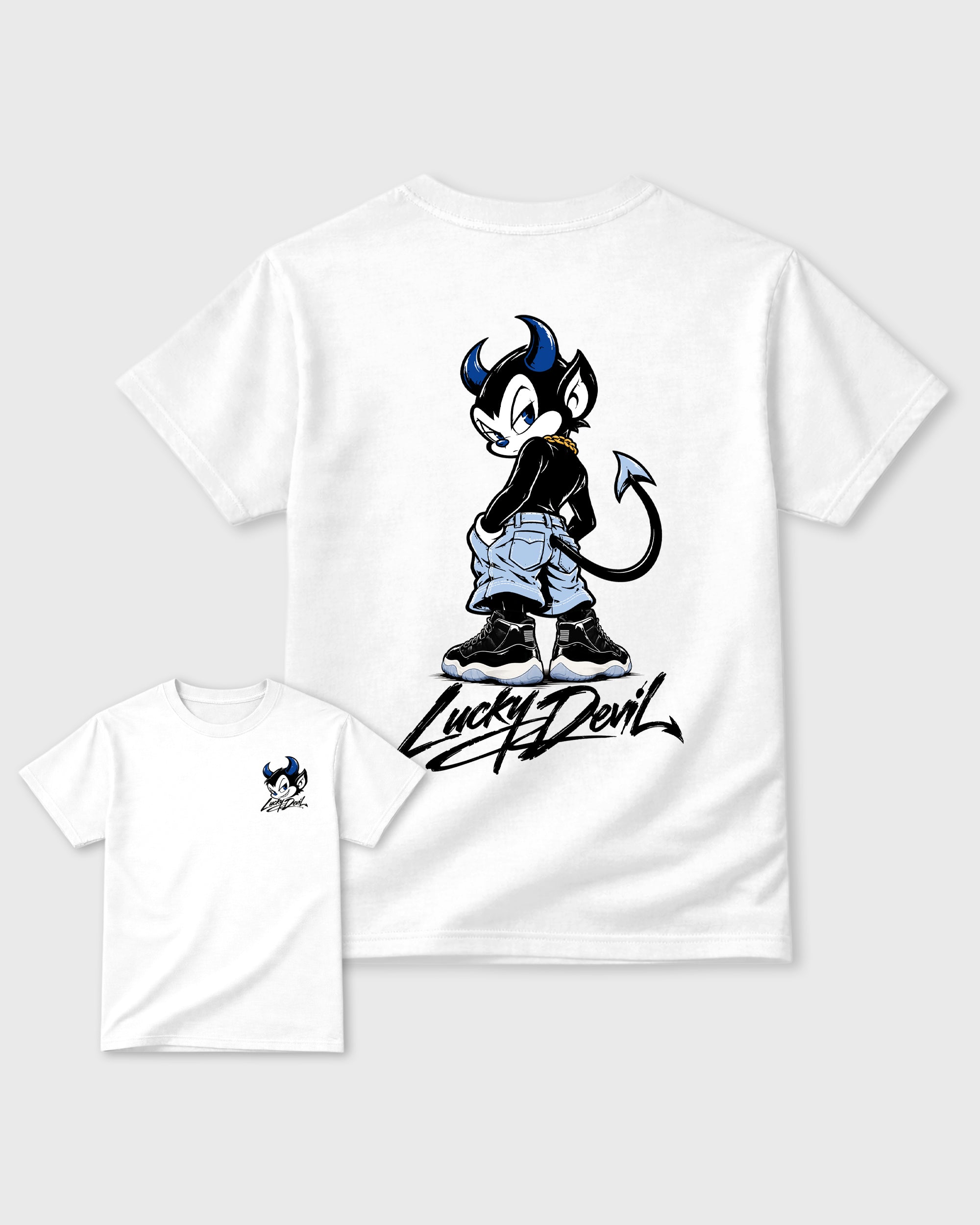 Lucky Devil White Graphic T-Shirt - 2, sneaker tee made to match Air Jordan 11 Retro Space Jam sneakers with original graphic artwork for a coordinated sneaker outfit.