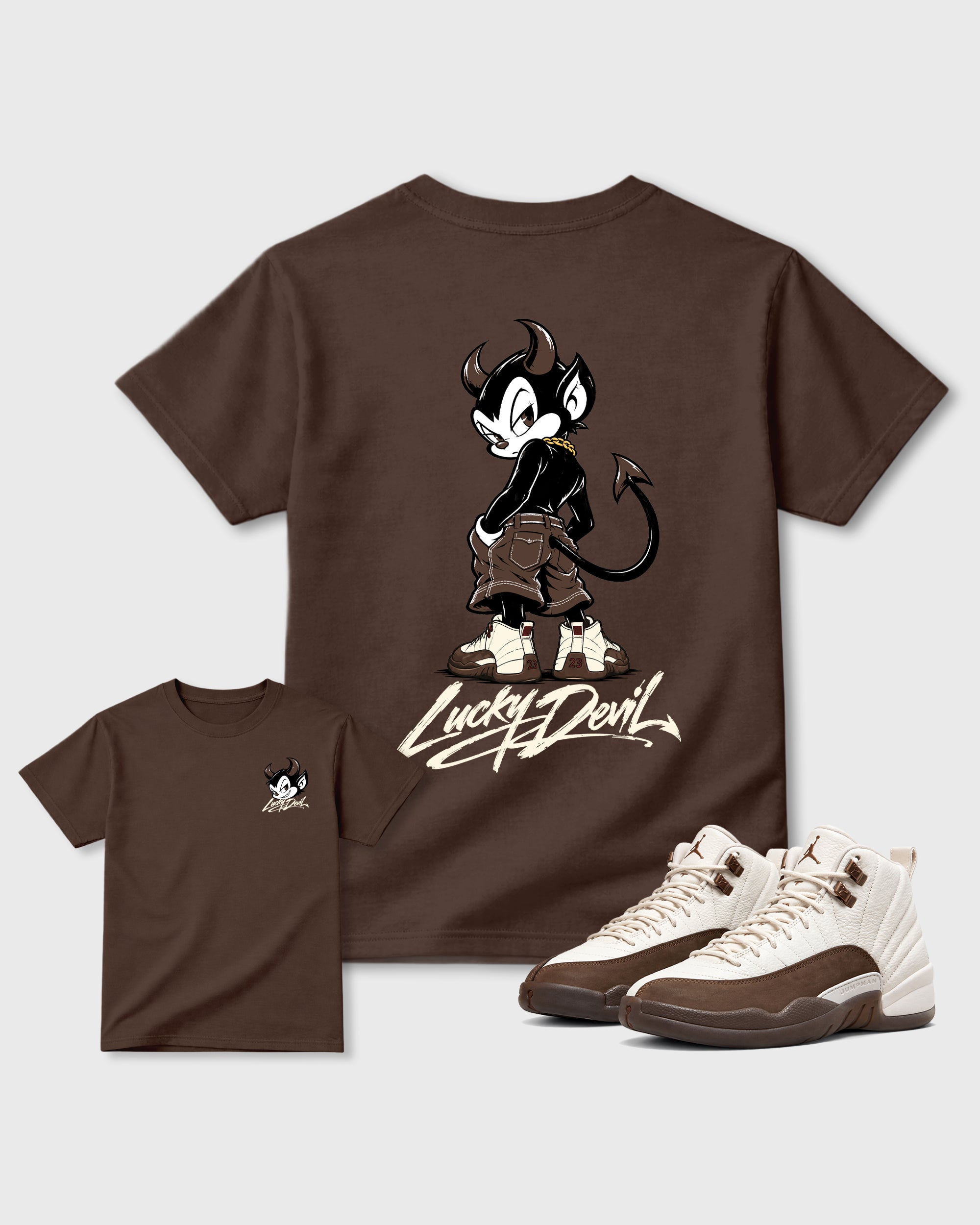 Lucky Devil Dark Chocolate Graphic T-Shirt - 3, sneaker matching shirt designed to pair with Air Jordan 12 Fireside sneakers for a coordinated streetwear outfit.