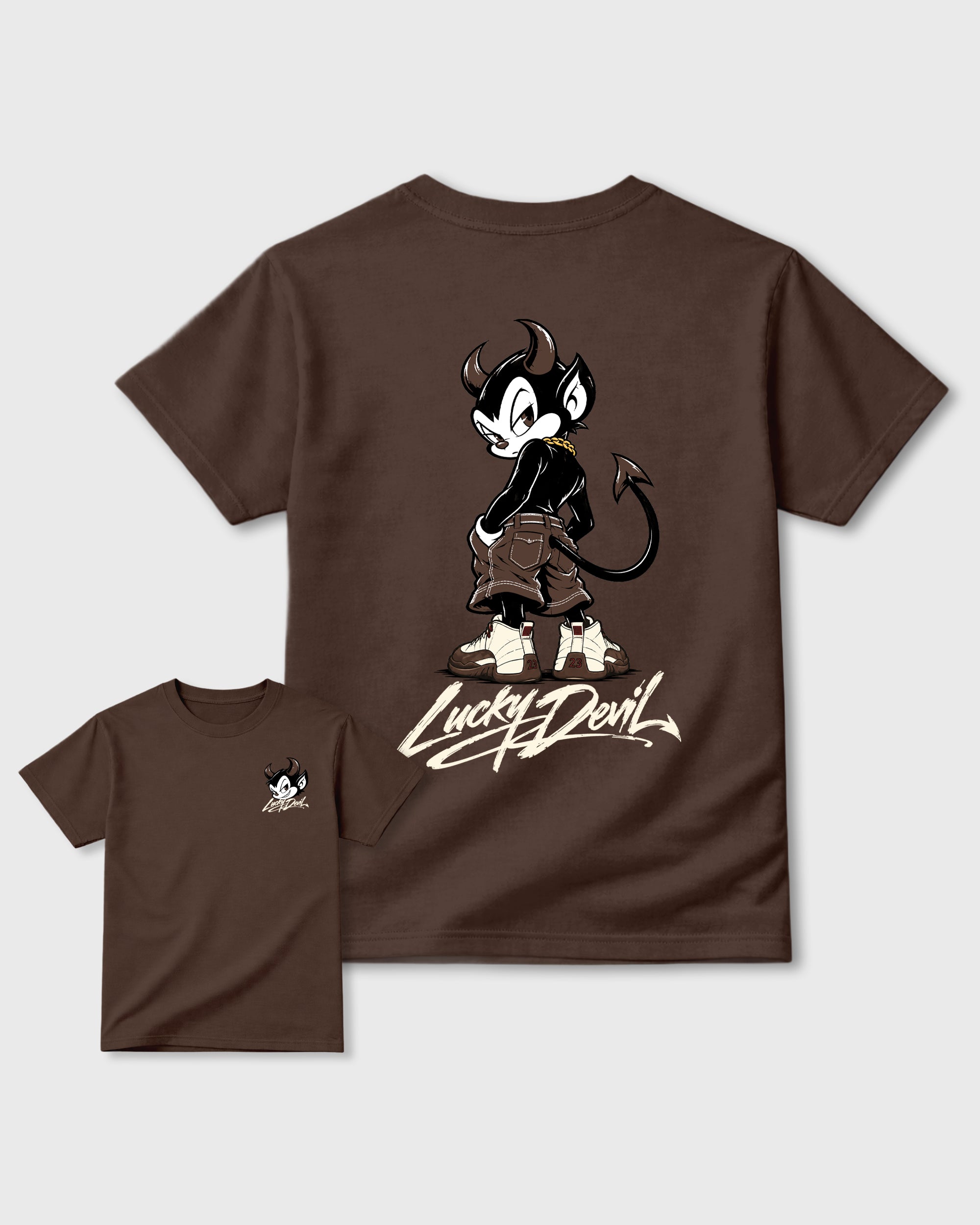 Lucky Devil Dark Chocolate Graphic T-Shirt - 3, sneaker matching shirt designed to pair with Air Jordan 12 Fireside sneakers for a coordinated streetwear outfit.