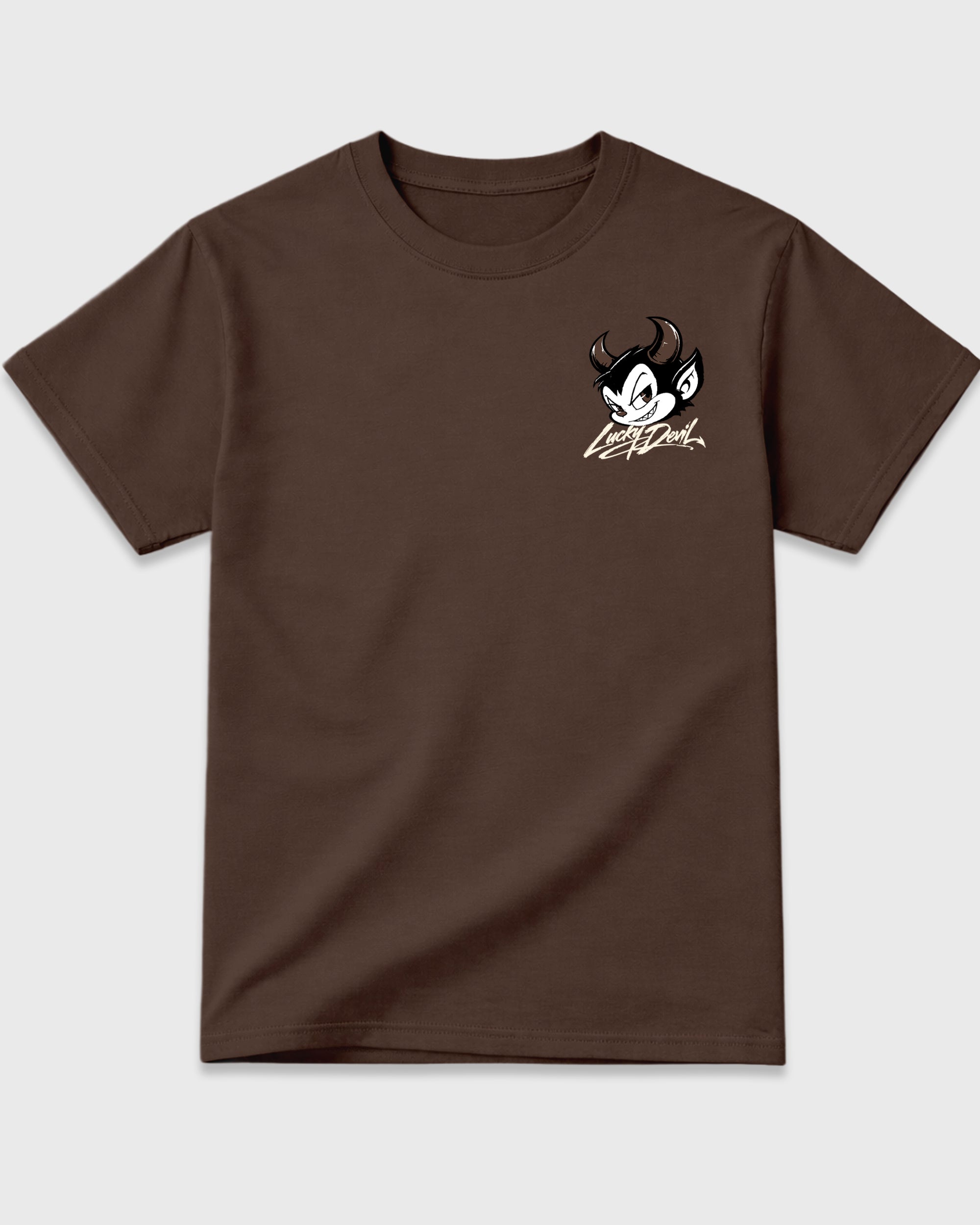 Lucky Devil Dark Chocolate Graphic T-Shirt - 3, sneaker matching shirt designed to pair with Air Jordan 12 Fireside sneakers for a coordinated streetwear outfit.
