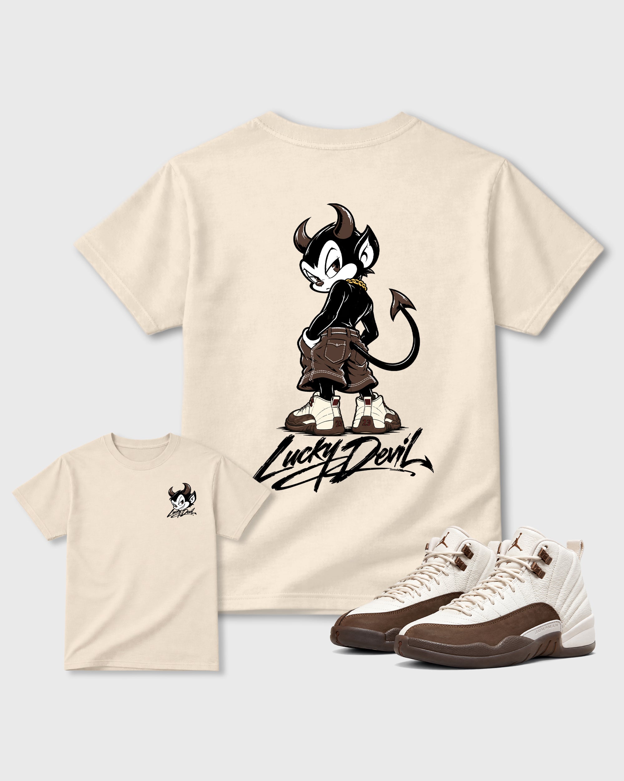 Lucky Devil Natural Graphic T-Shirt - 1, sneaker matching tee designed to match Air Jordan 12 Fireside sneakers for a coordinated sneaker outfit.