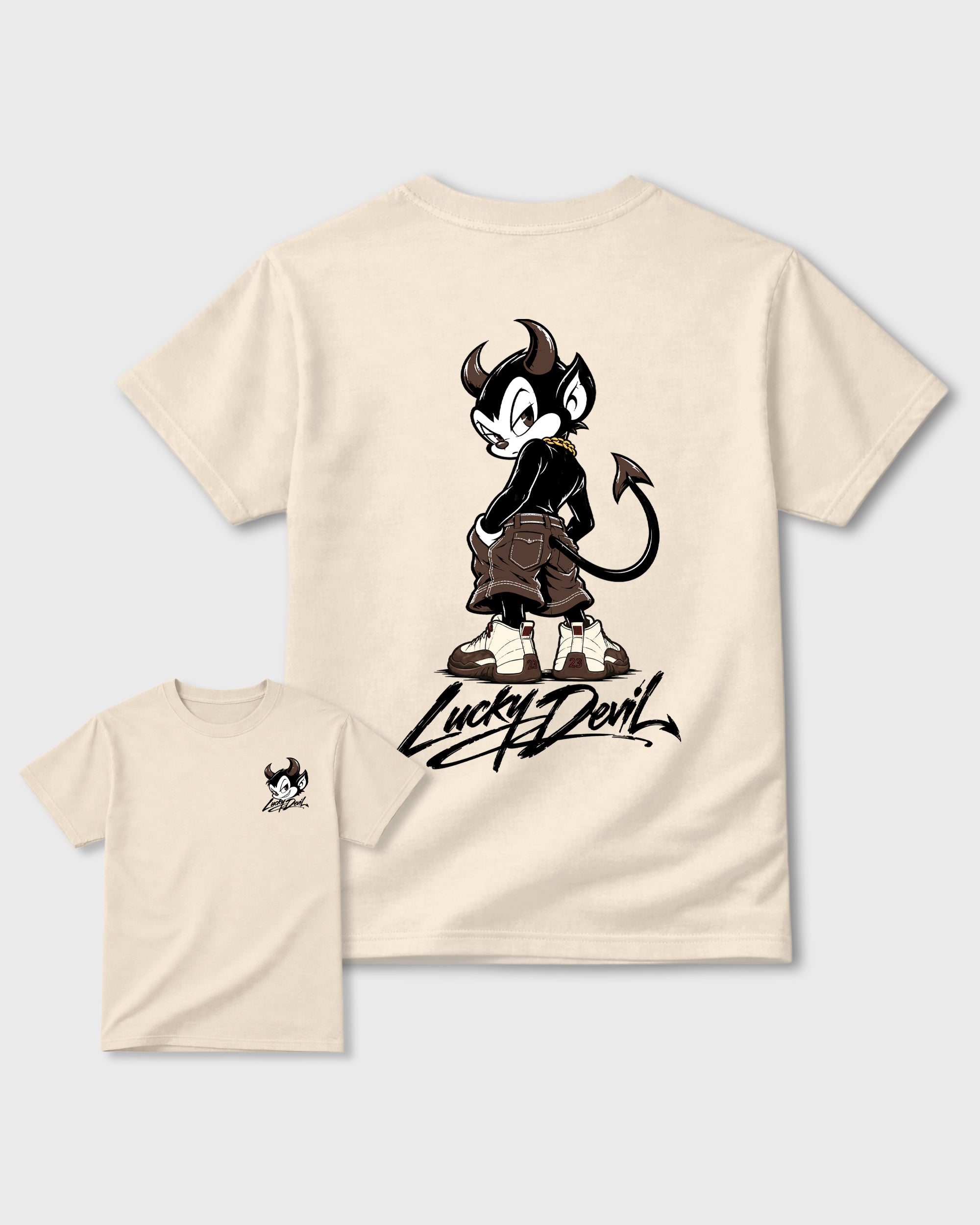 Lucky Devil Natural Graphic T-Shirt - 3, sneaker matching shirt designed to pair with Air Jordan 12 Fireside sneakers for a coordinated streetwear outfit.