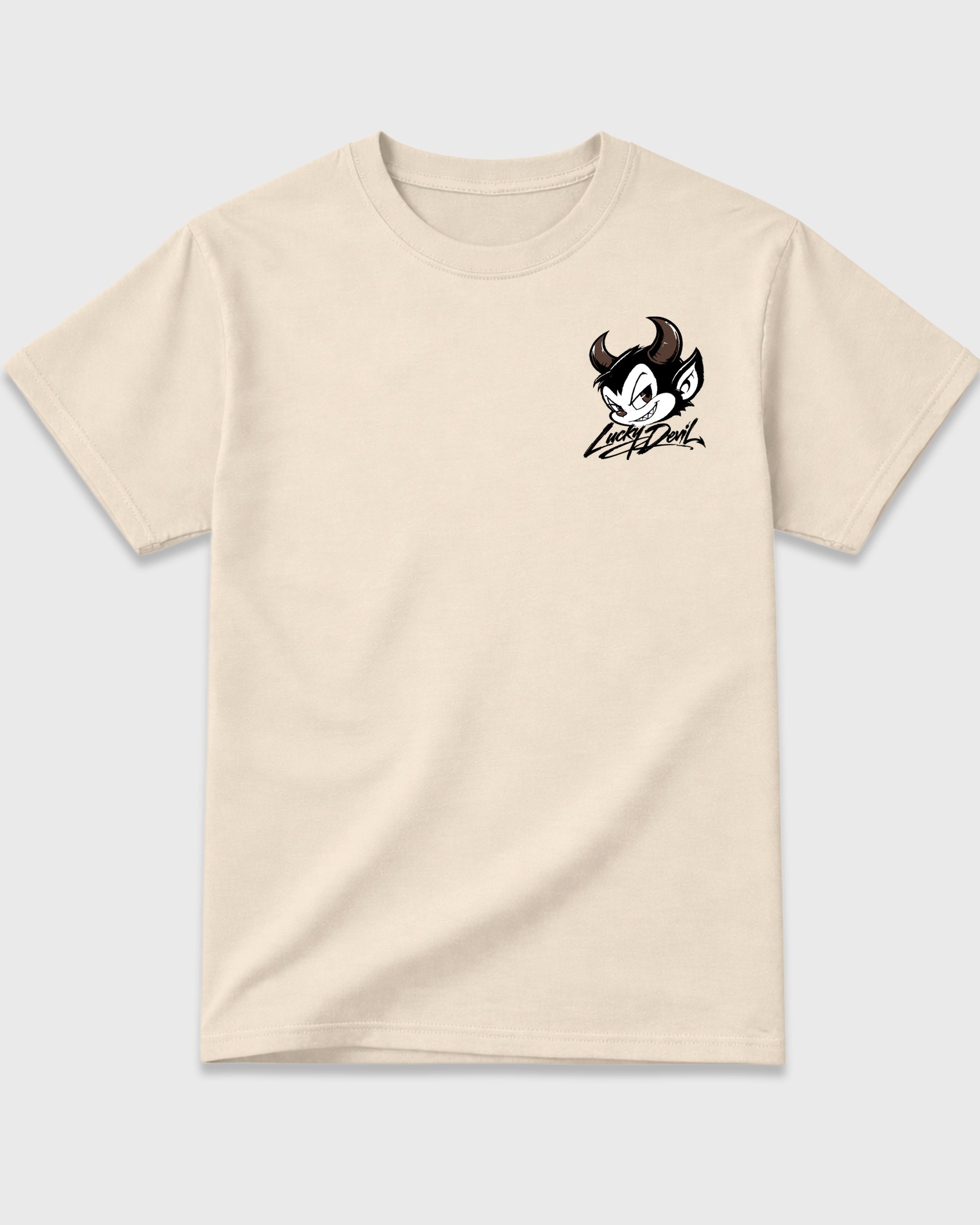 Lucky Devil Natural Graphic T-Shirt - 3, sneaker matching shirt designed to pair with Air Jordan 12 Fireside sneakers for a coordinated streetwear outfit.