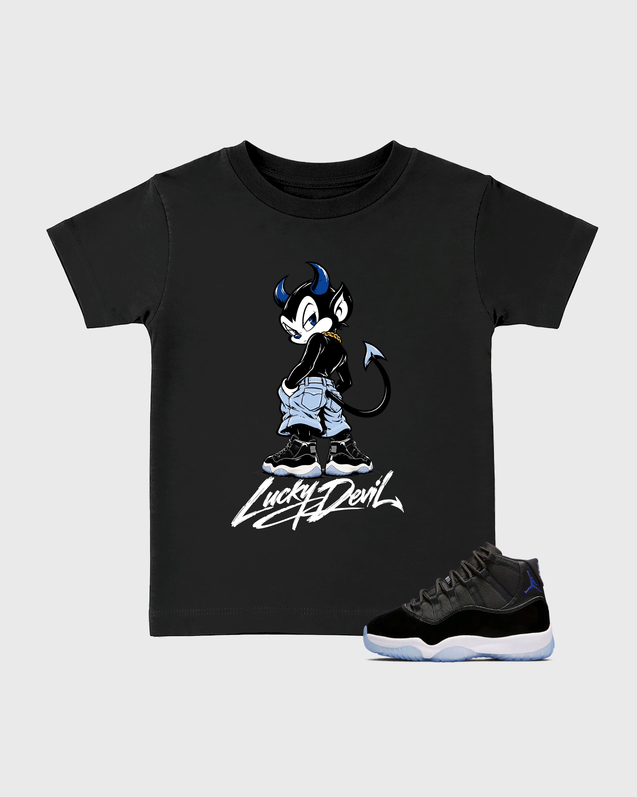 Lucky Devil Baby Baby & Kids Graphic T-Shirt featuring original artwork designed to match the Air Jordan 11 Space Jam. Black 1 Kids Graphic Tee.
