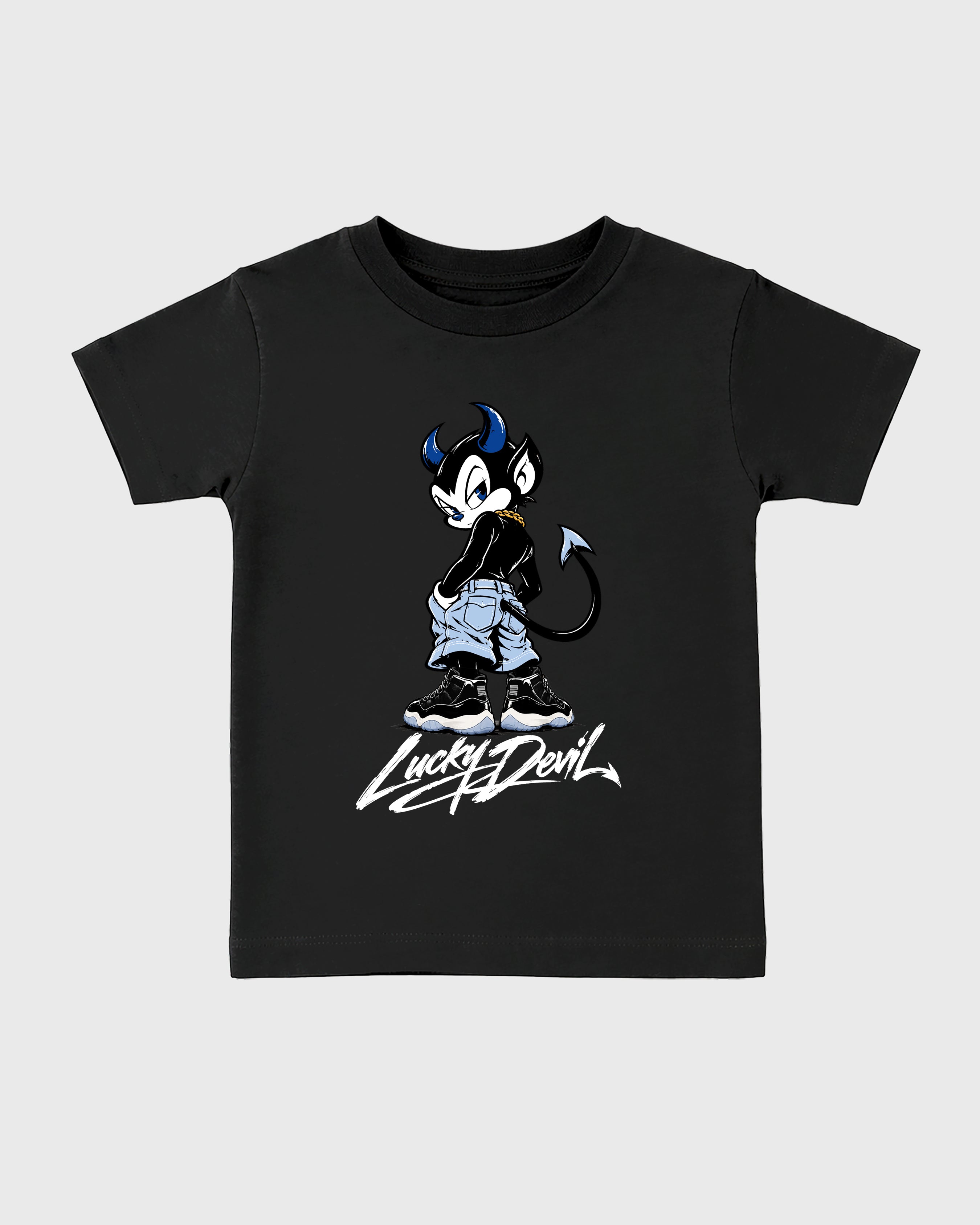 Lucky Devil Baby Baby & Kids Graphic T-Shirt featuring original artwork designed to match the Air Jordan 11 Space Jam. Black 2 Kids Graphic Tee.