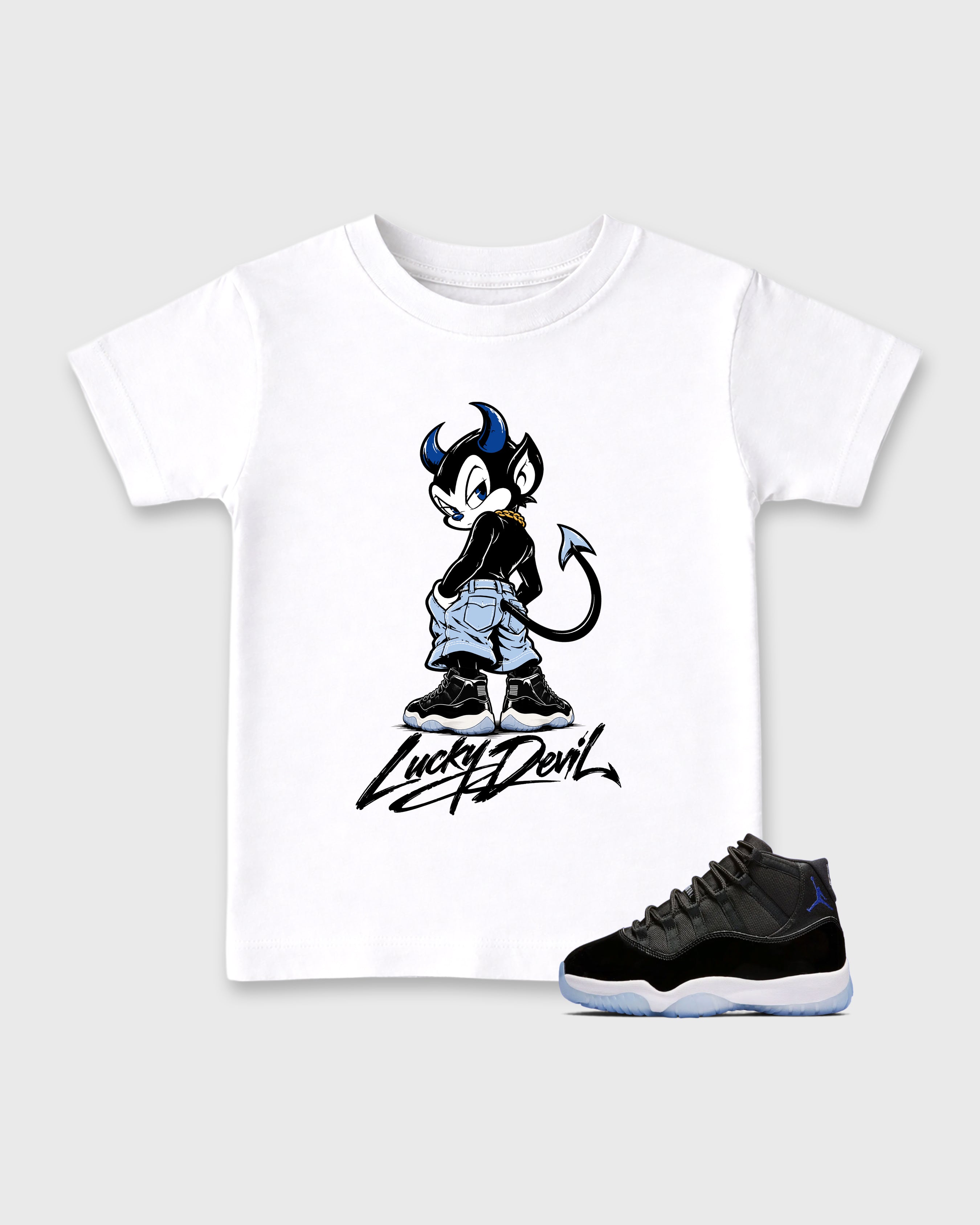 Lucky Devil Baby Baby & Kids Graphic T-Shirt featuring original artwork designed to match the Air Jordan 11 Space Jam. White 1 Kids Graphic Tee.
