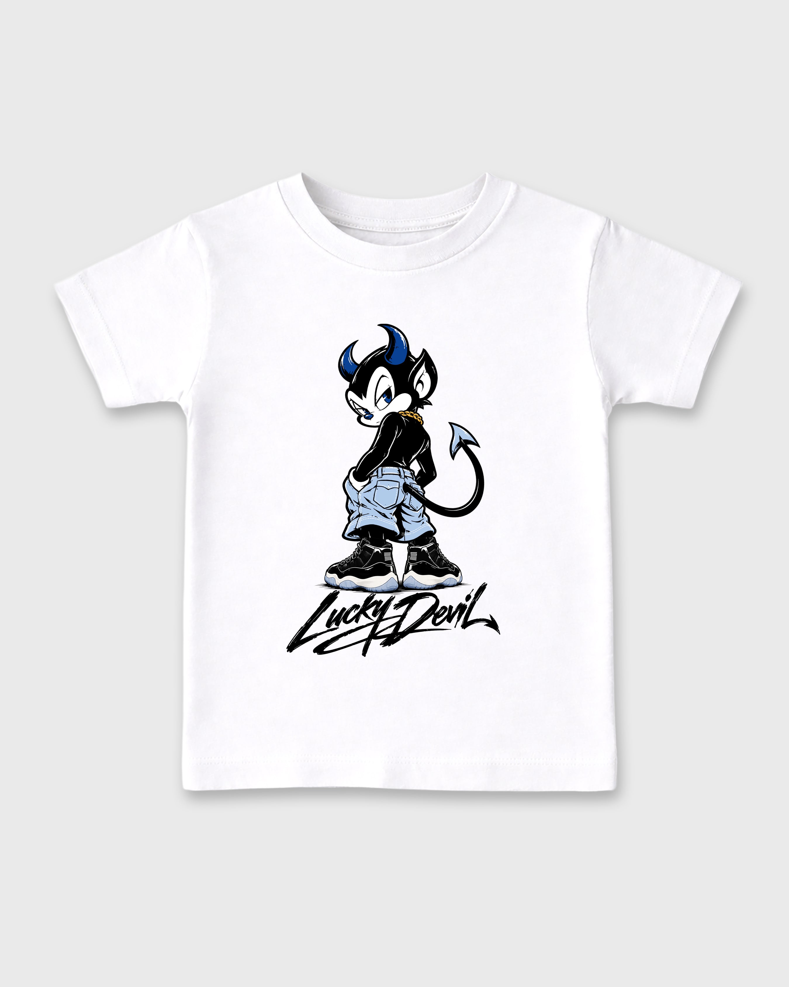 Lucky Devil Baby Baby & Kids Graphic T-Shirt featuring original artwork designed to match the Air Jordan 11 Space Jam. White 2 Kids Graphic Tee.