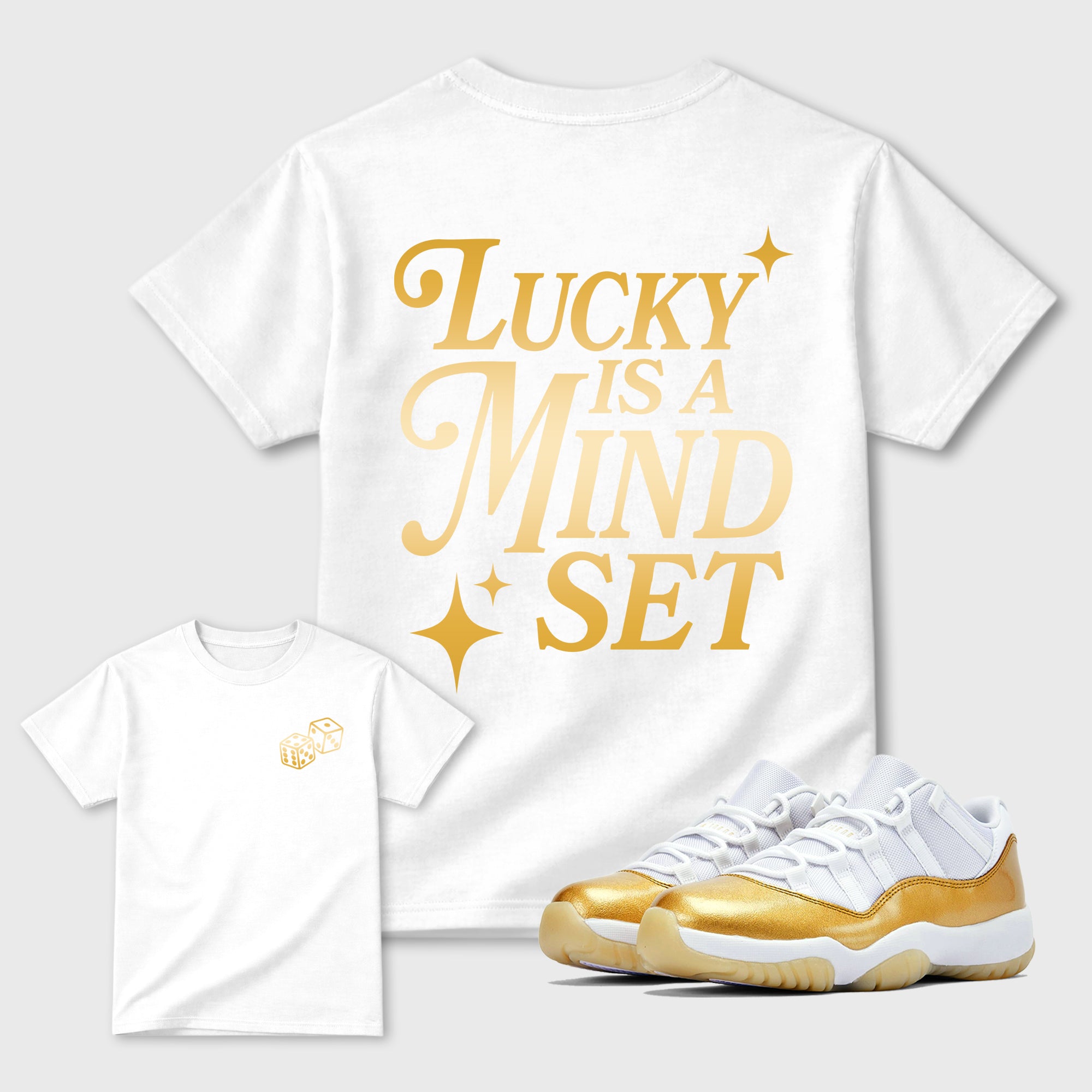 Lucky Is a Mindset front and back graphic tee styled to complete your fit with the Air Jordan 11 Mother's Day sneakers, shown in White.