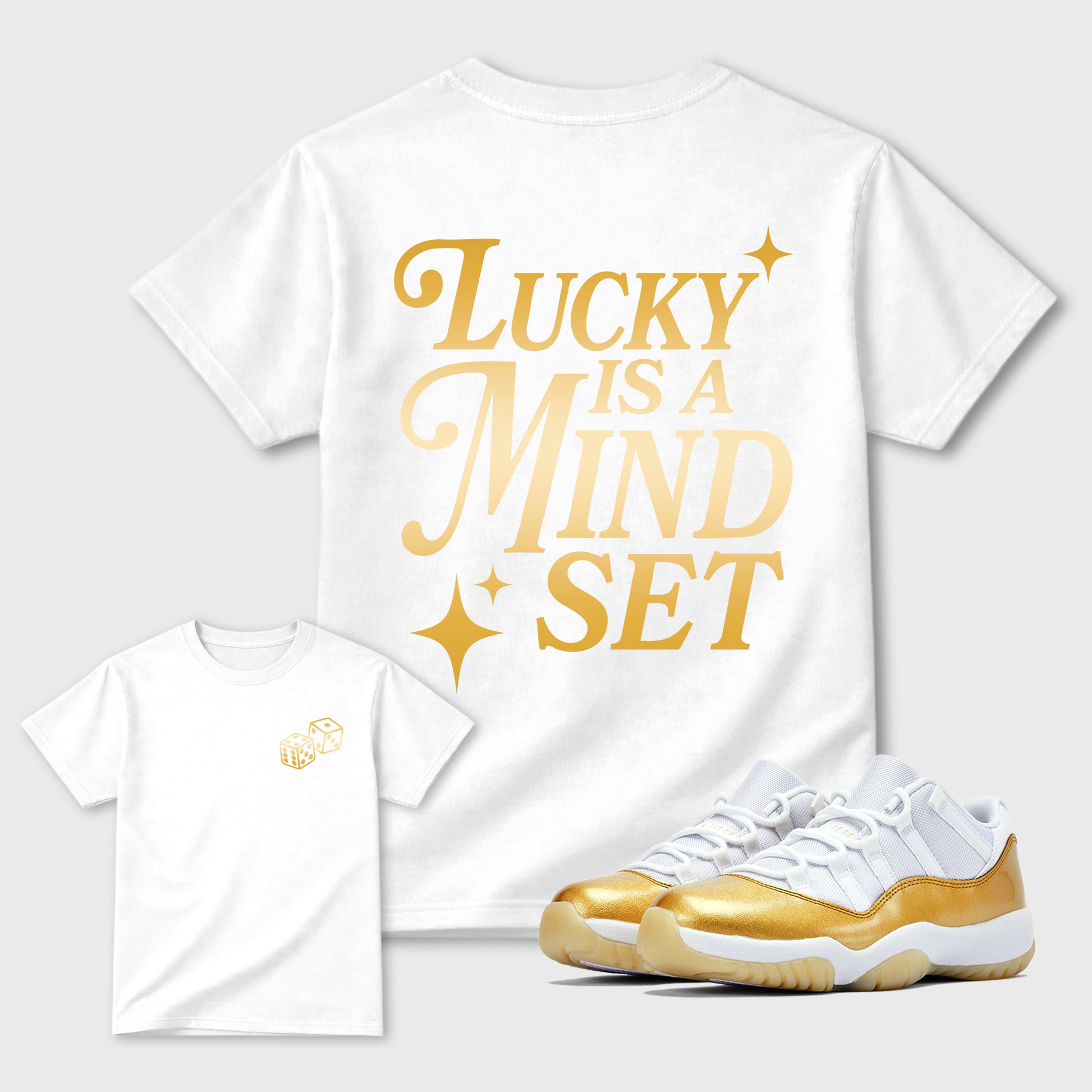 Lucky Is a Mindset front and back graphic tee styled to complete your fit with the Air Jordan 11 Mother's Day sneakers, shown in White.