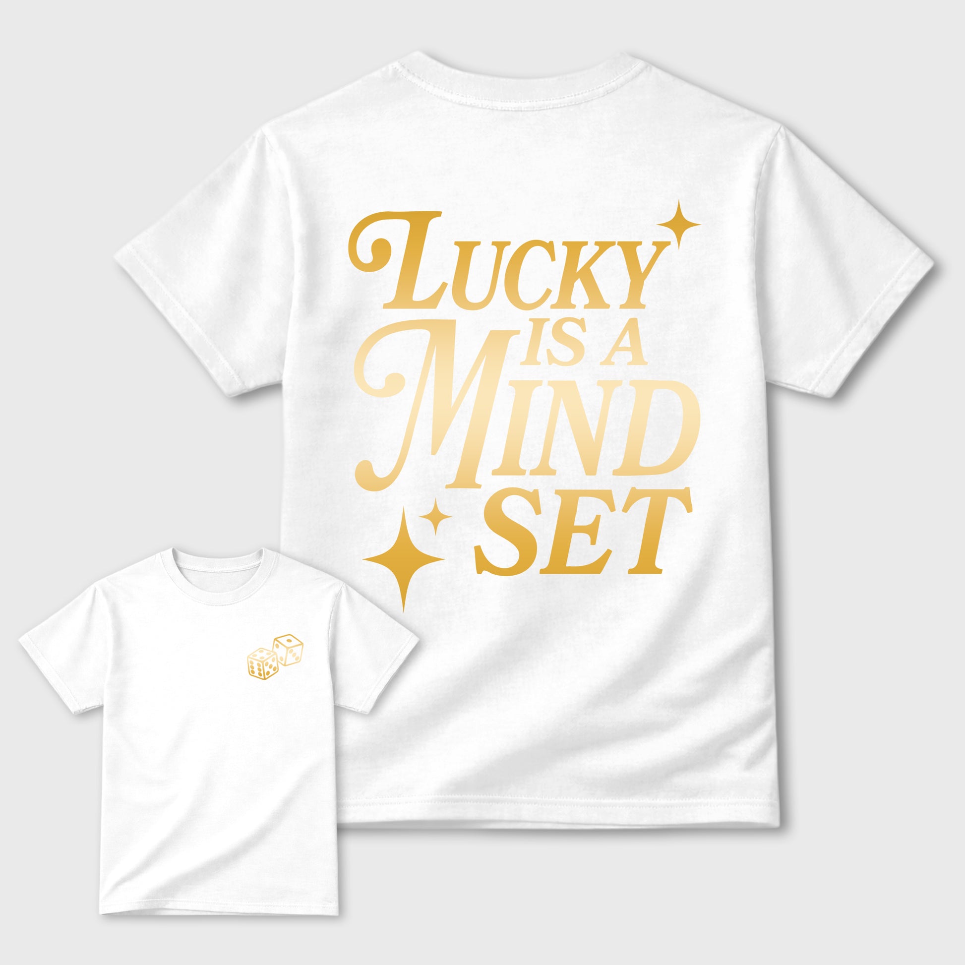 Lucky Is a Mindset front and back graphic tee styled to complete your fit with the 11s Mother's Day Gold, shown in White.