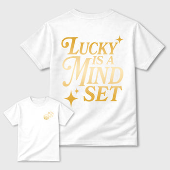 Lucky Is a Mindset front and back graphic tee styled to complete your fit with the 11s Mother's Day Gold, shown in White.