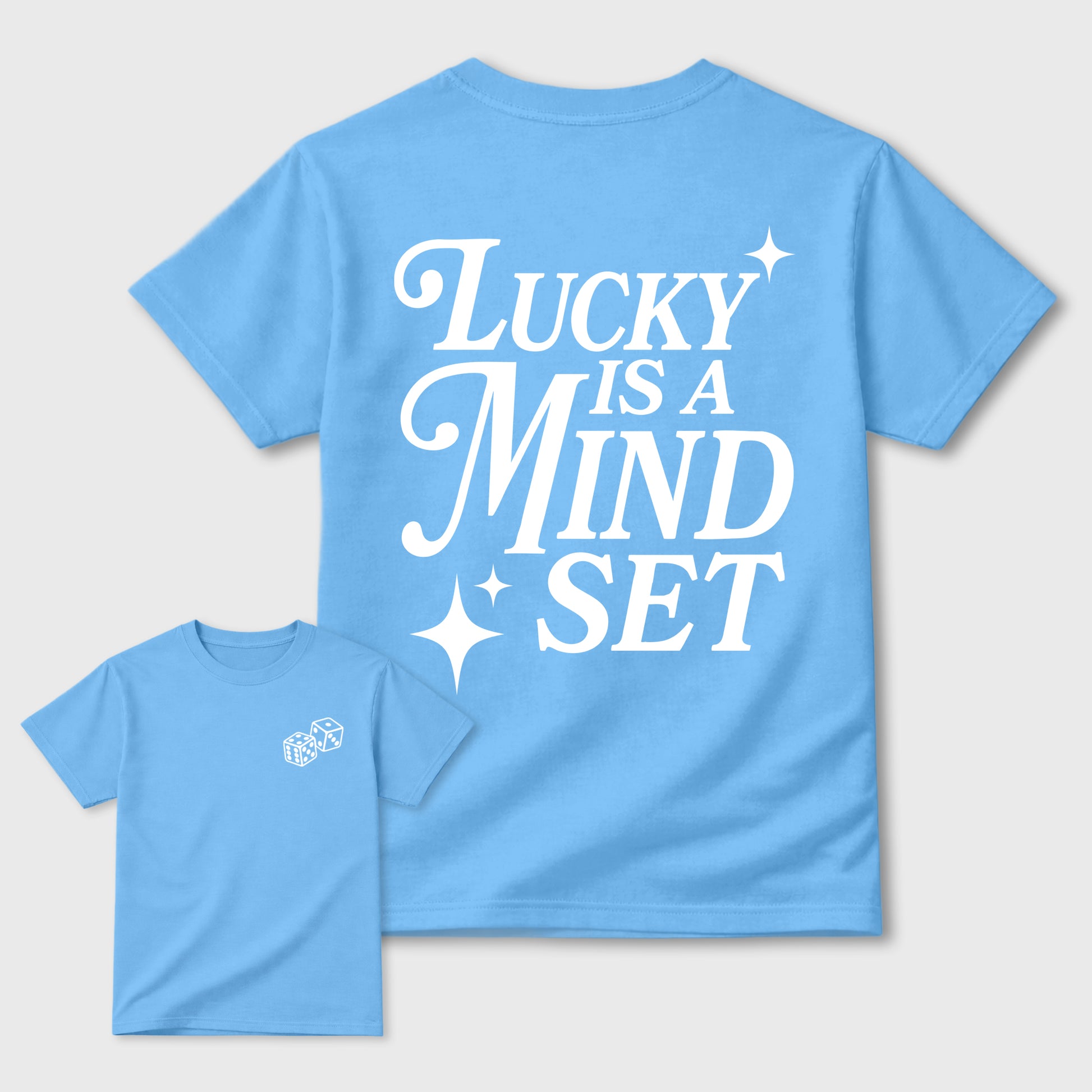 Lucky Is a Mindset front and back graphic t-shirt styled to complete your outfit with the11s UNC, shown in Carolina Blue.
