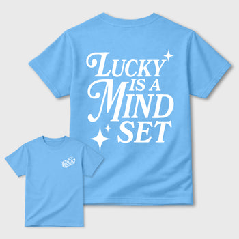 Lucky Is a Mindset front and back graphic t-shirt styled to complete your outfit with the11s UNC, shown in Carolina Blue.