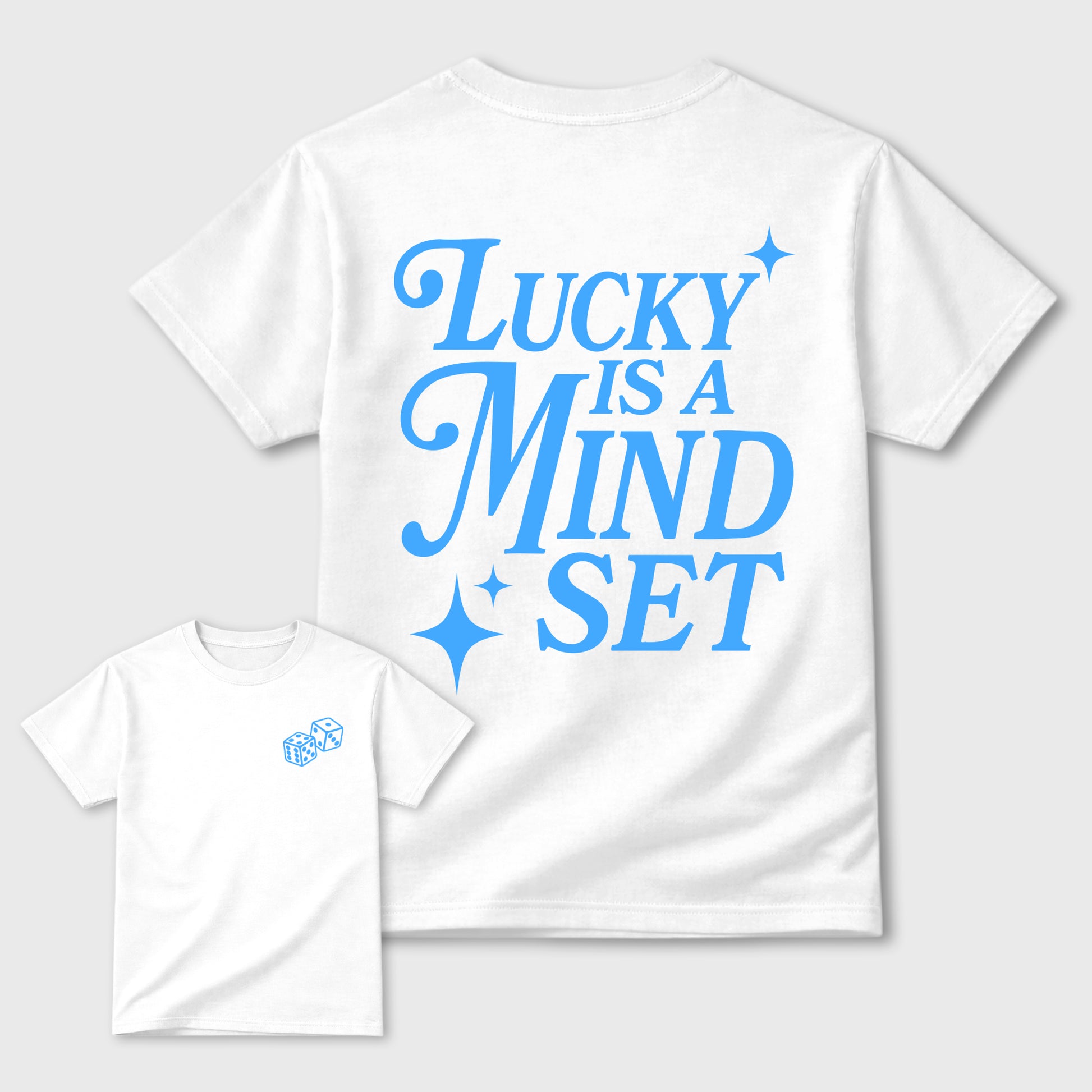 Lucky Is a Mindset front and back graphic t-shirt styled to complete your outfit with the11s UNC, shown in White.