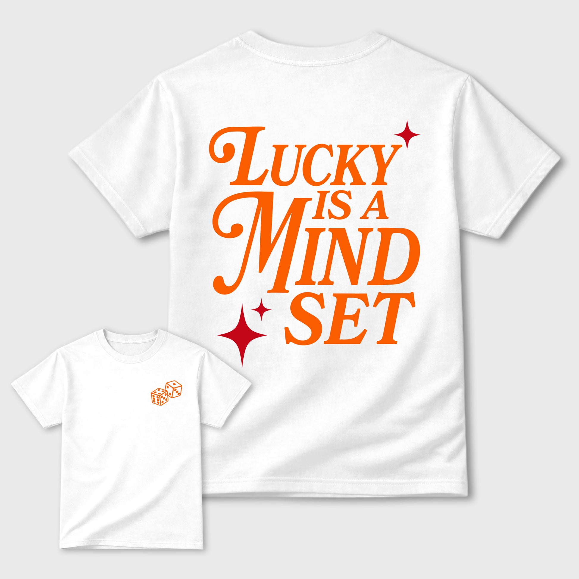 Lucky Is a Mindset graphic t-shirt styled to complete your sneaker outfit with the sneakers, shown in Orange.