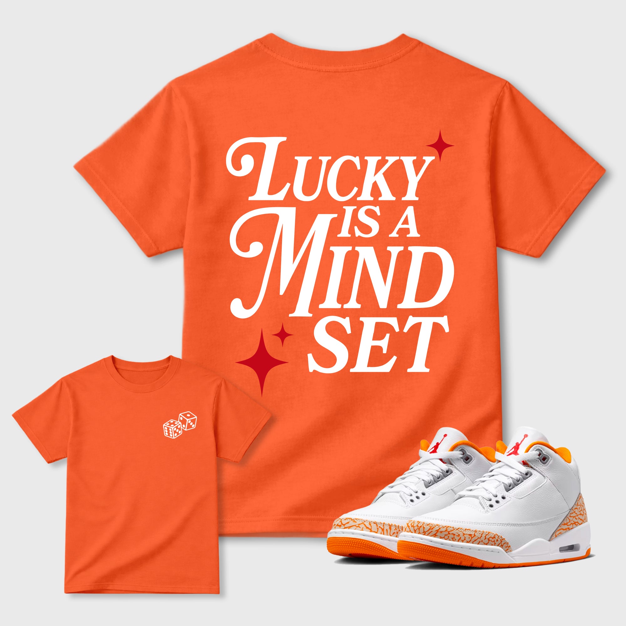 Lucky Is a Mindset graphic t-shirt styled to complete your sneaker outfit with the sneakers, shown in Orange.