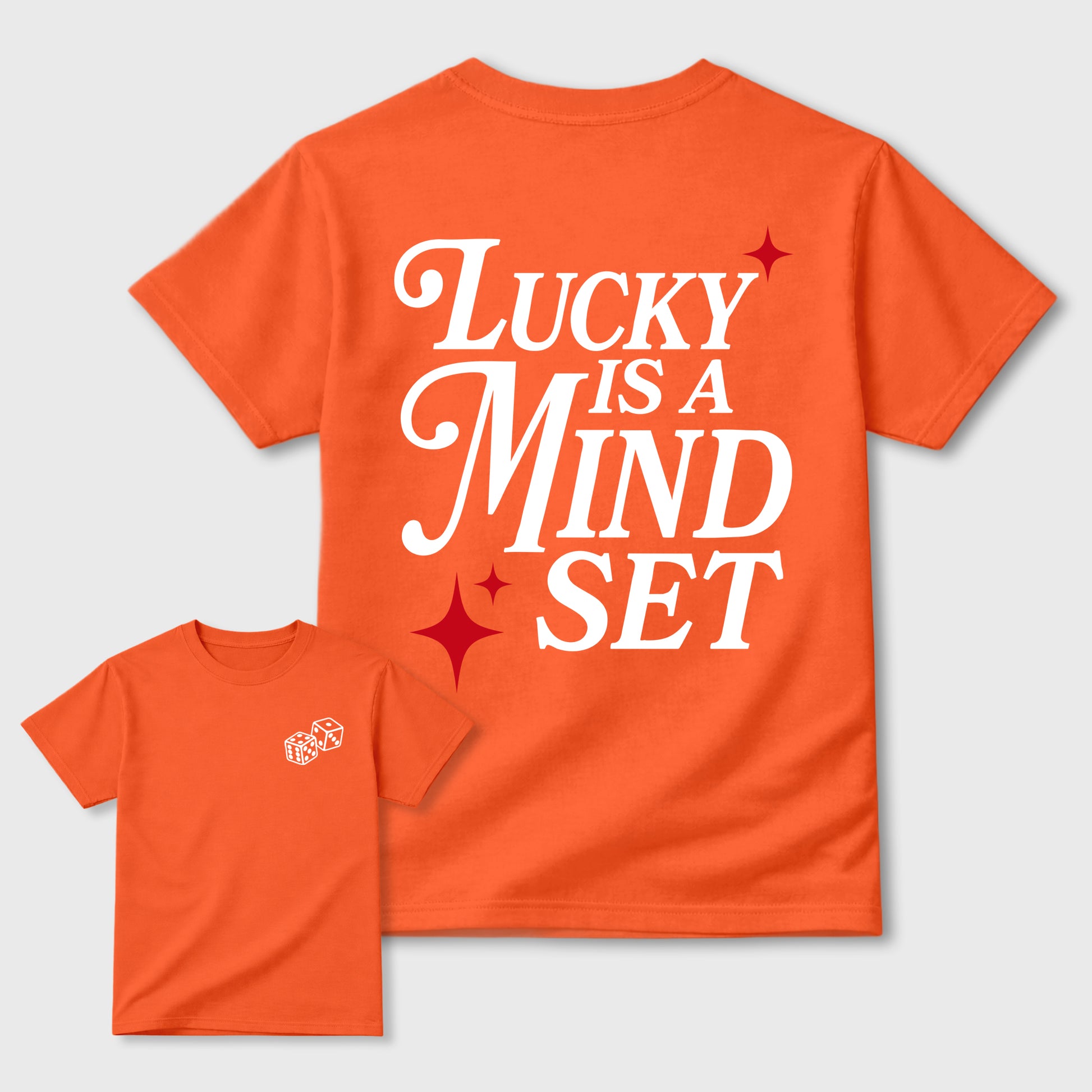 Lucky Is a Mindset graphic t-shirt styled to complete your sneaker outfit with the sneakers, shown in Orange.