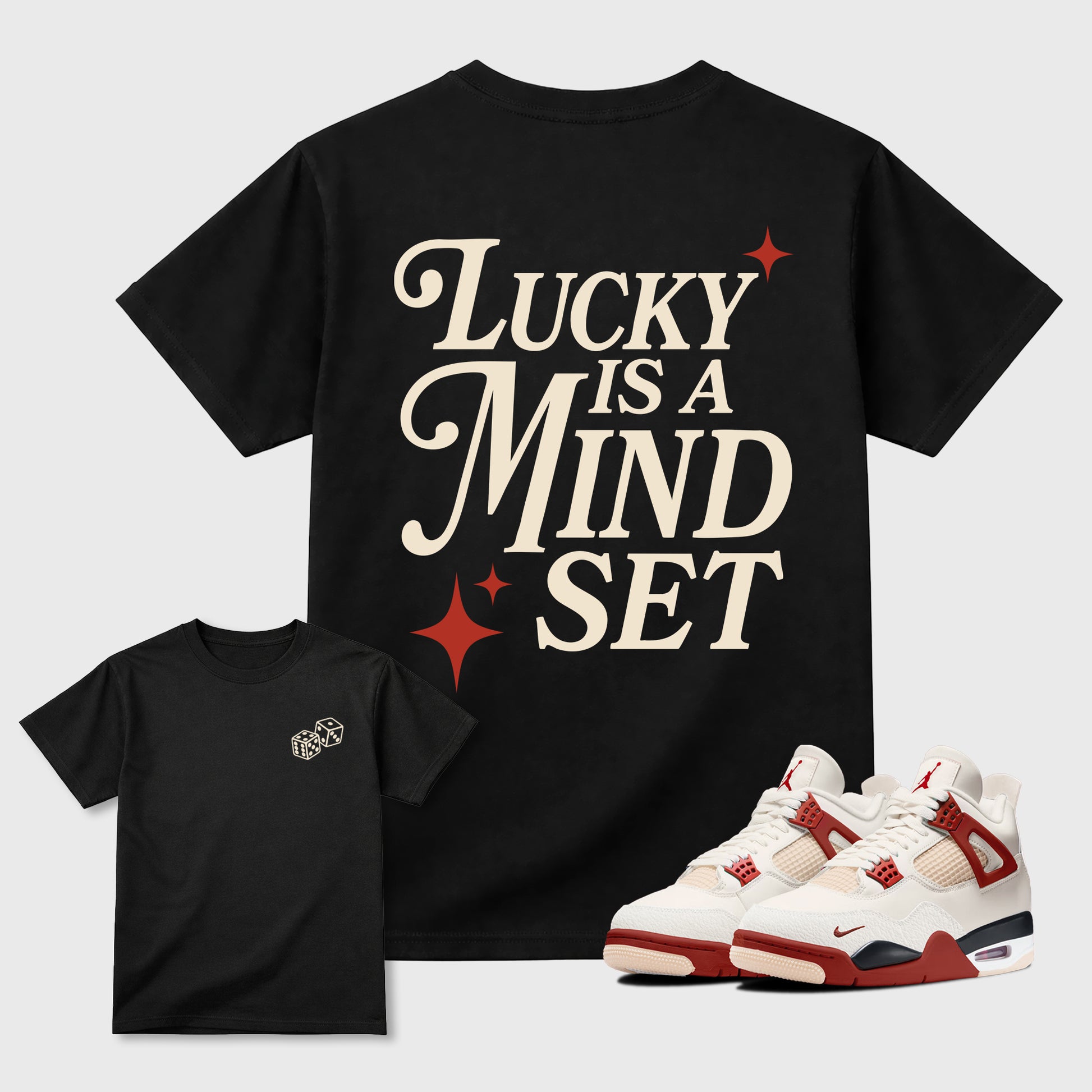 Lucky Is a Mindsetgraphic t-shirt. Streetwear sneakerfit. Sneaker outfit. Complete your fit with the 4s Brick After Brick, shown in Black.