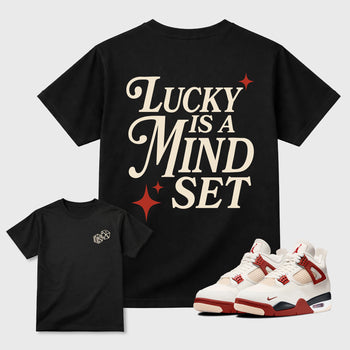 Lucky Is a Mindsetgraphic t-shirt. Streetwear sneakerfit. Sneaker outfit. Complete your fit with the 4s Brick After Brick, shown in Black.