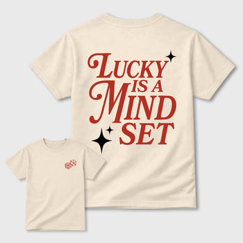 Lucky Is a Mindsetgraphic t-shirt. Streetwear sneakerfit. Sneaker outfit. Complete your fit with the 4s Brick After Brick, shown in Natural.