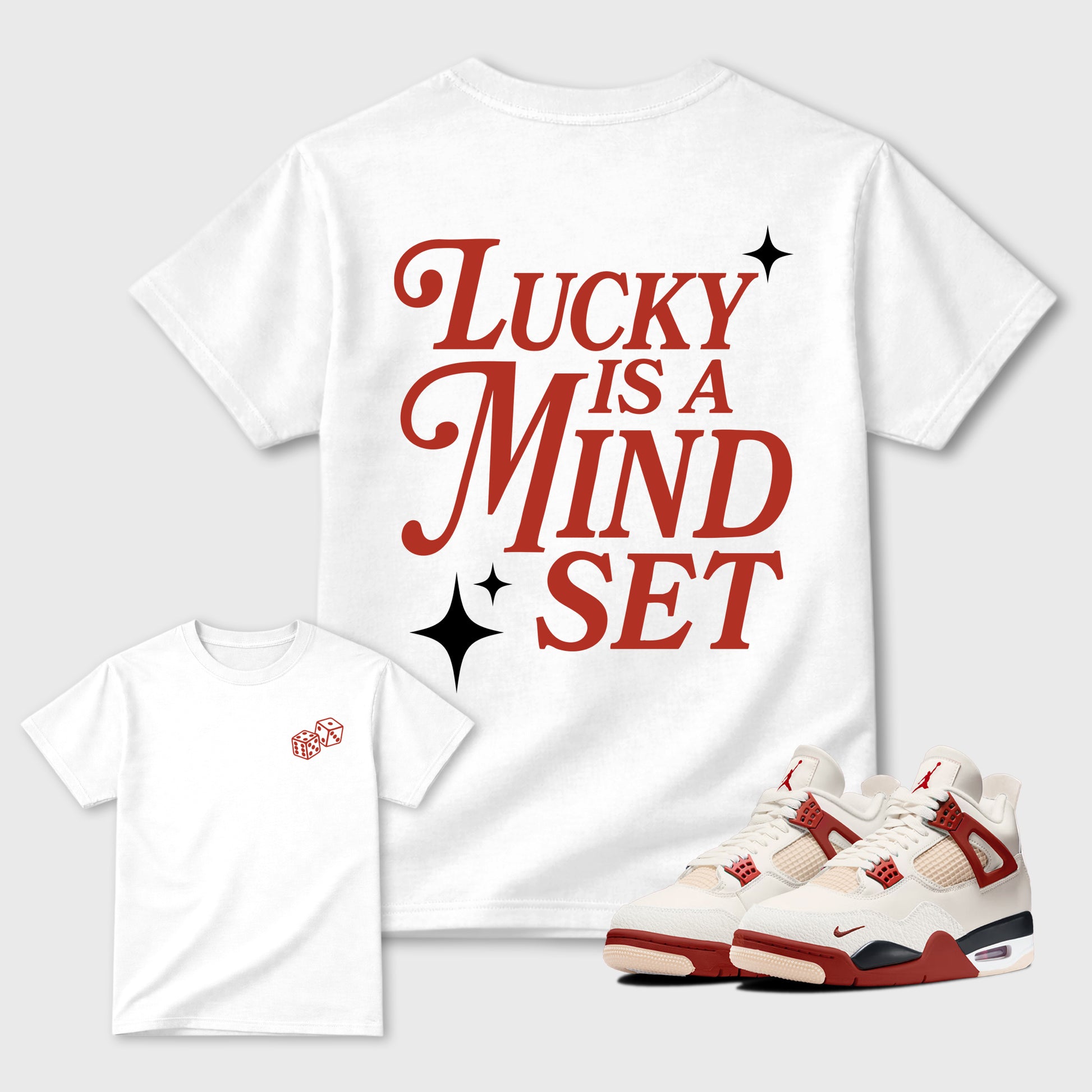 Lucky Is a Mindsetgraphic t-shirt. Streetwear sneakerfit. Sneaker outfit. Complete your fit with the Air Jordan 4 Brick After Brick sneakers, shown in White.