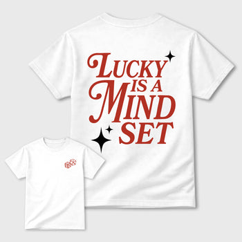 Lucky Is a Mindsetgraphic t-shirt. Streetwear sneakerfit. Sneaker outfit. Complete your fit with the 4s Brick After Brick, shown in White.