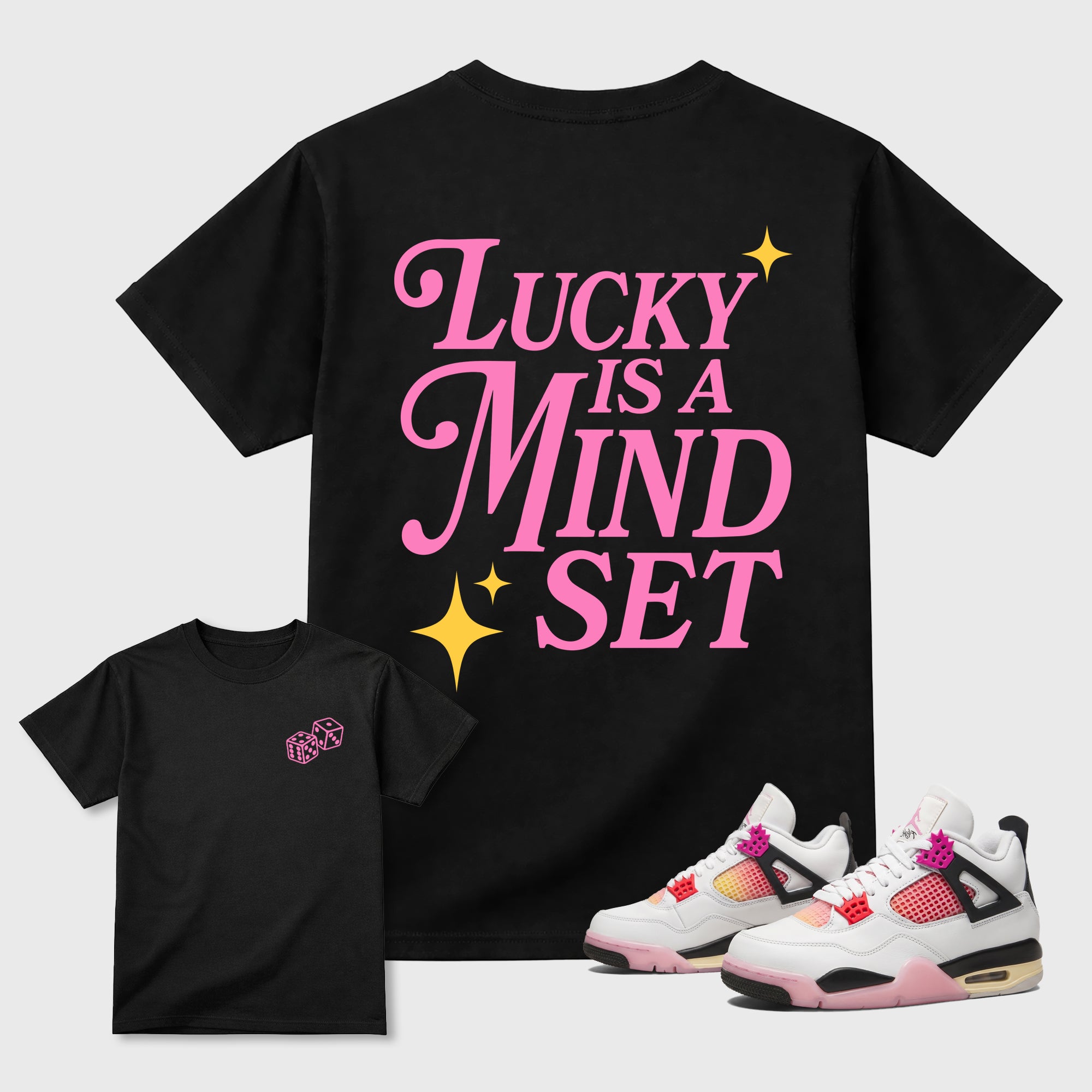 Lucky Is a Mindset Graphic T-Shirt featuring original streetwear artwork designed to match the . Black Graphic T-Shirt.