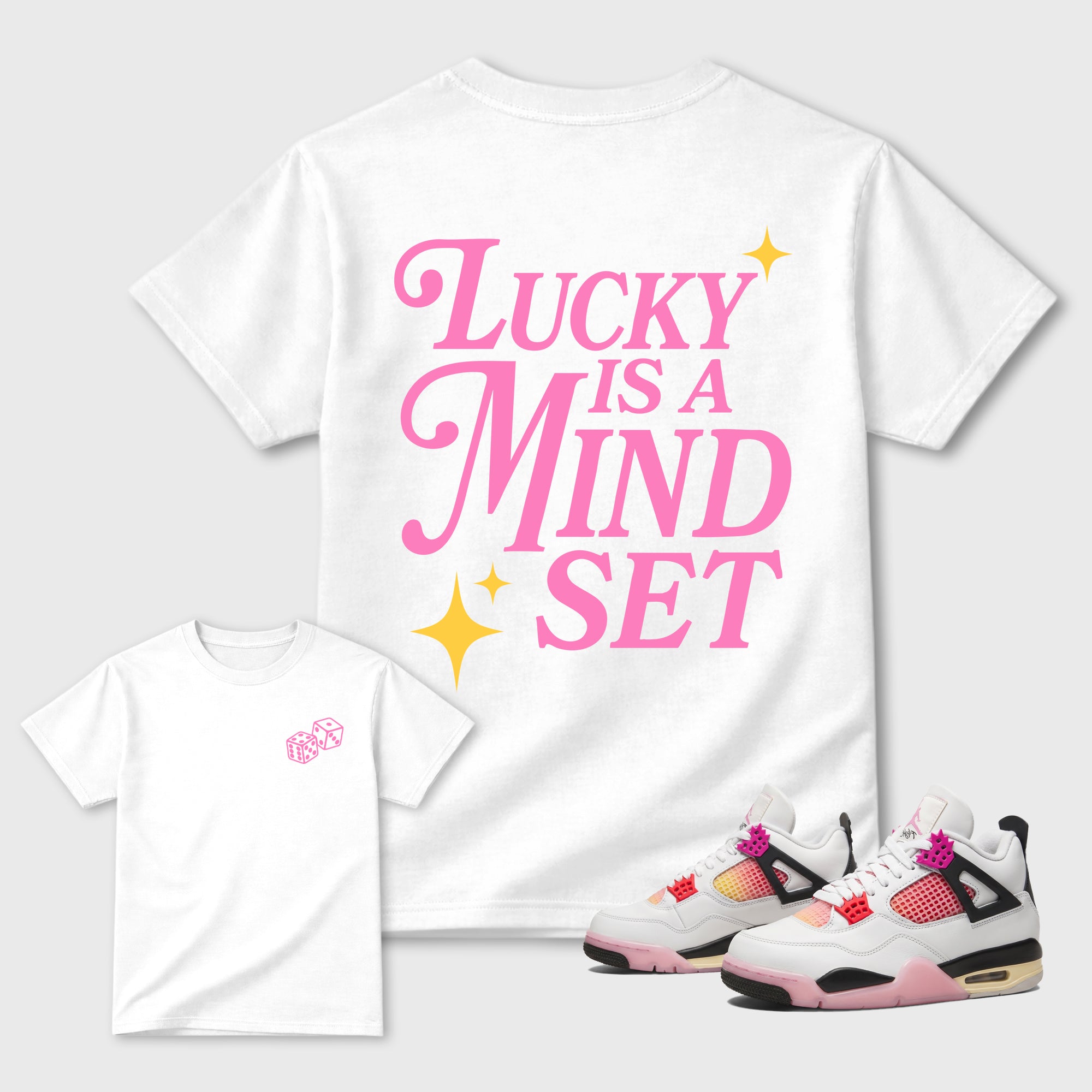Lucky Is a Mindset Graphic T-Shirt featuring original streetwear artwork designed to match the . White Graphic T-Shirt.