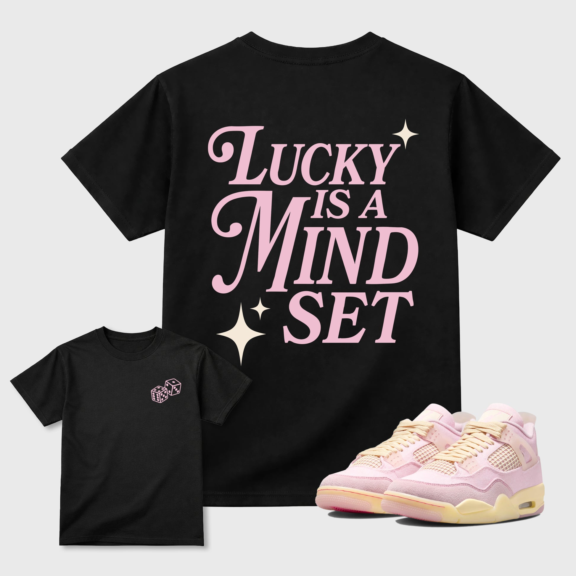 Lucky Is a Mindset graphic t-shirt styled to complete your sneaker outfitwith the AJ4 Iced Carmine, shown in Black.
