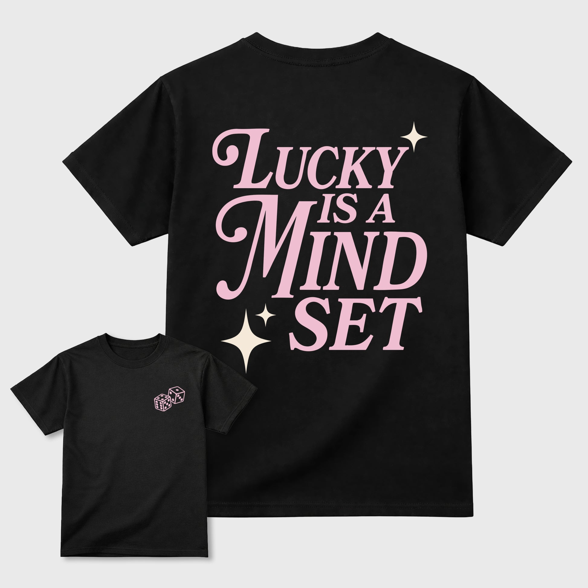 Lucky Is a Mindset graphic t-shirt styled to complete your sneaker outfitwith the AJ4 Iced Carmine, shown in Black.