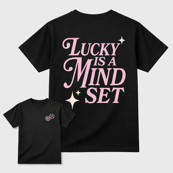 Lucky Is a Mindset graphic t-shirt styled to complete your sneaker outfitwith the AJ4 Iced Carmine, shown in Black.