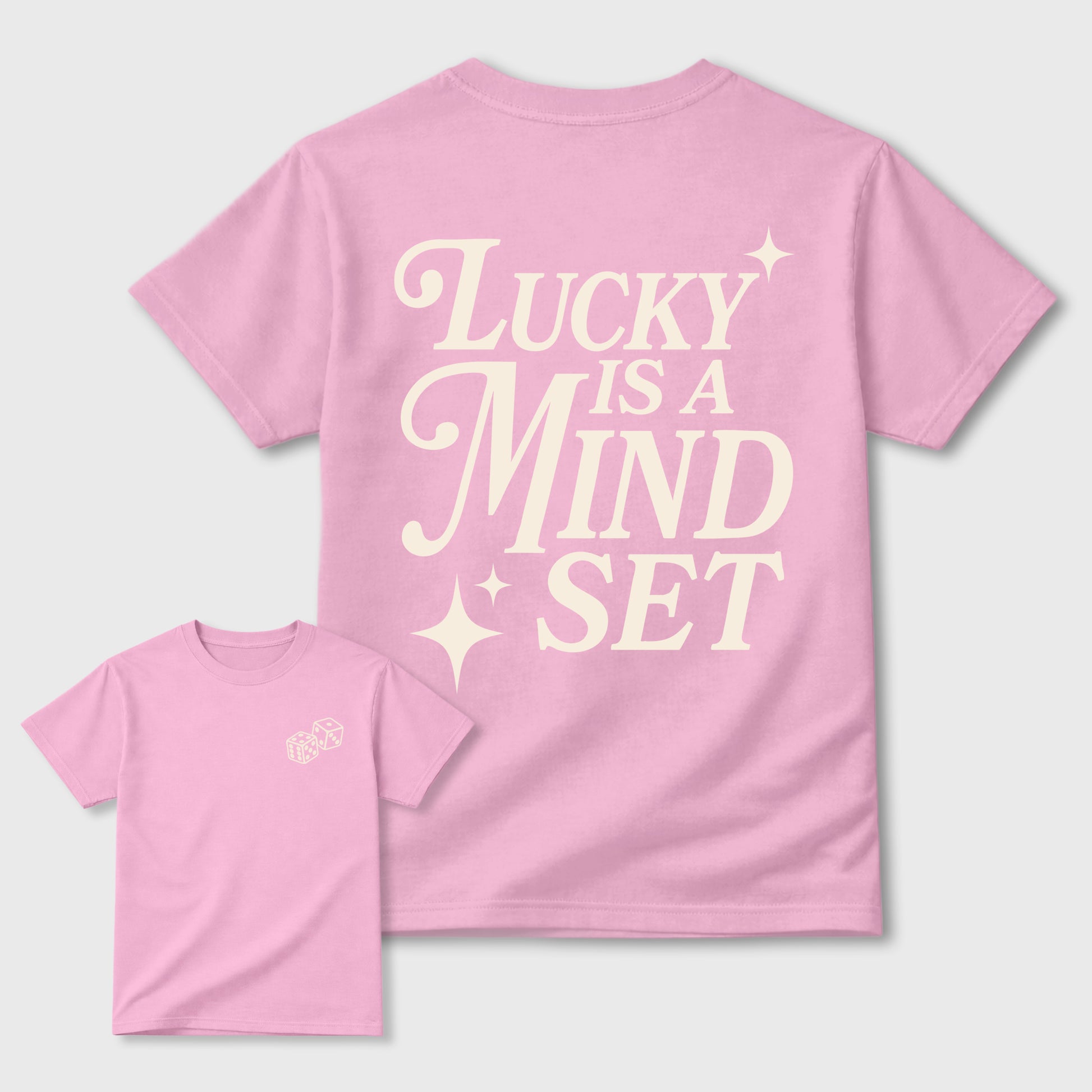 Lucky Is a Mindset graphic t-shirt styled to complete your sneaker outfitwith the AJ4 Iced Carmine, shown in Pink.