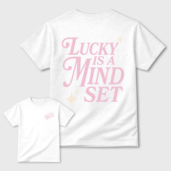 Lucky Is a Mindset graphic t-shirt styled to complete your sneaker outfitwith the AJ4 Iced Carmine, shown in White.