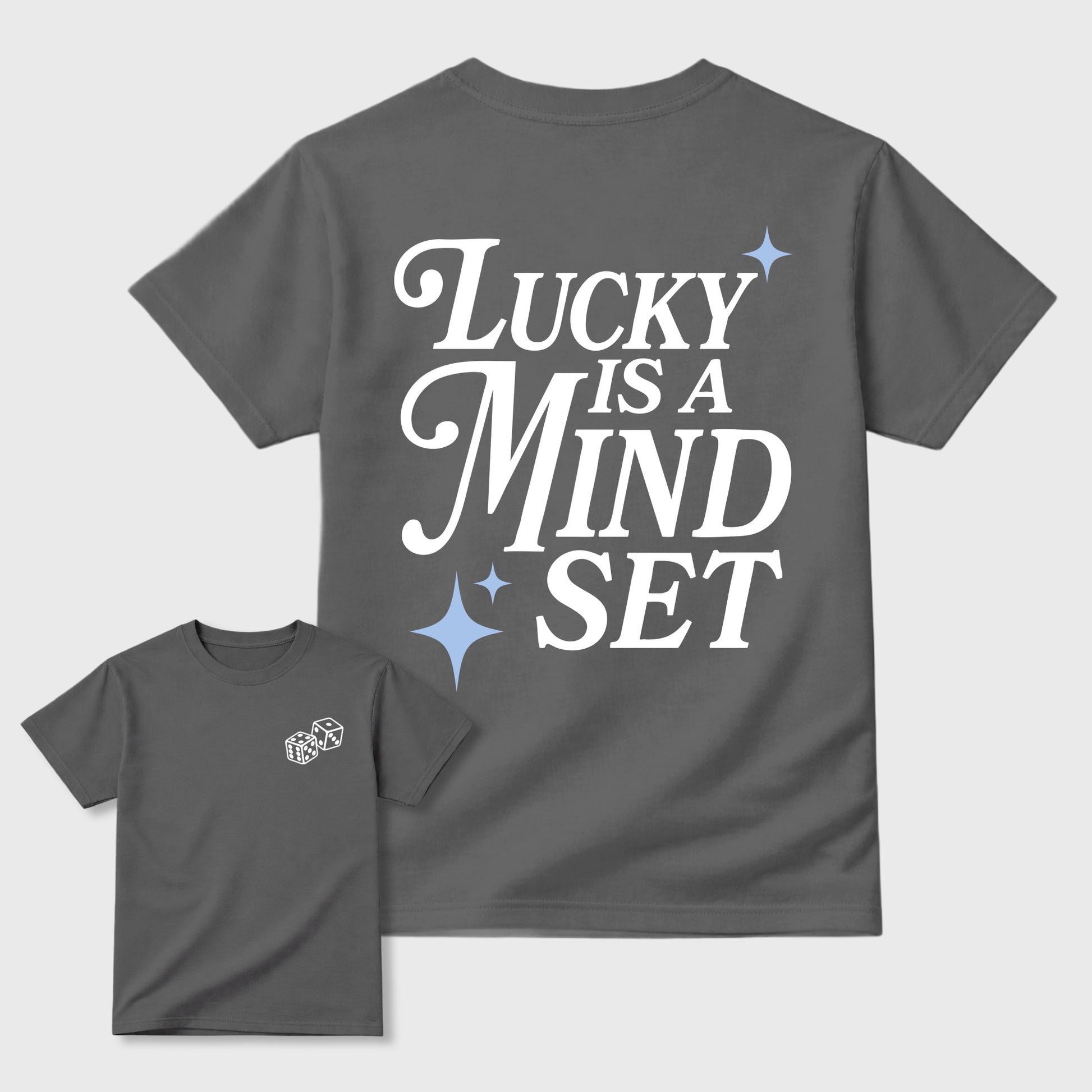 Lucky Is a Mindset front and back graphic t-shirt styled to complete your outfit with the5s White Metallic, shown in Cool Grey.
