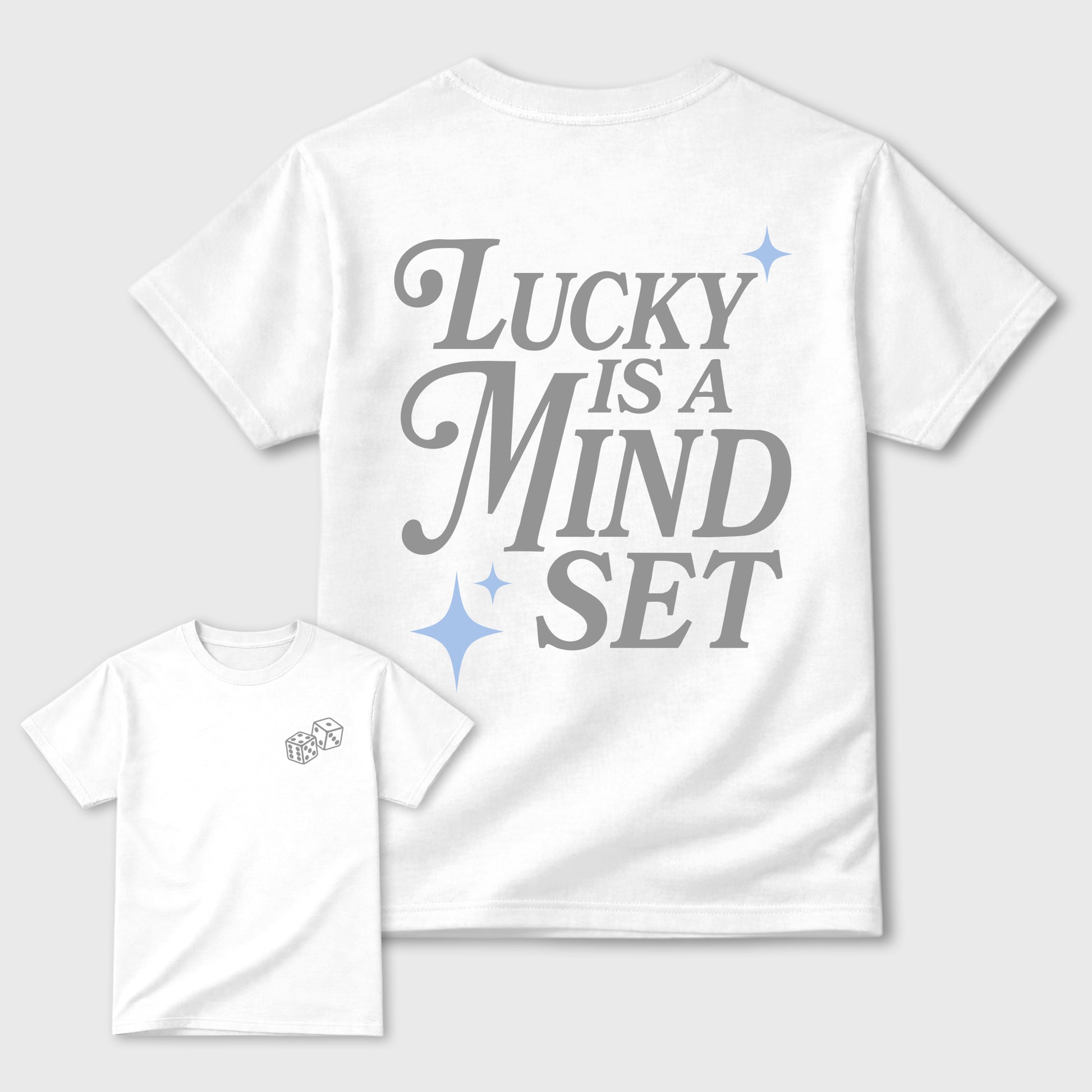 Lucky Is a Mindset front and back graphic t-shirt styled to complete your outfit with the5s White Metallic, shown in White.