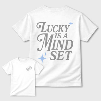 Lucky Is a Mindset front and back graphic t-shirt styled to complete your outfit with the5s White Metallic, shown in White.