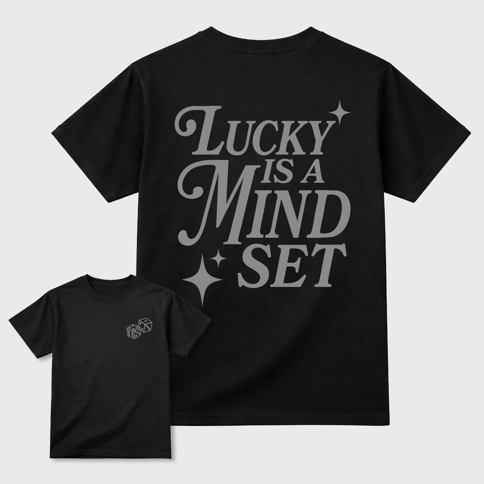 Lucky Is a Mindset graphic t-shirt styled to complete your sneaker outfit with the 6s Cap&Gown, shown in Black.