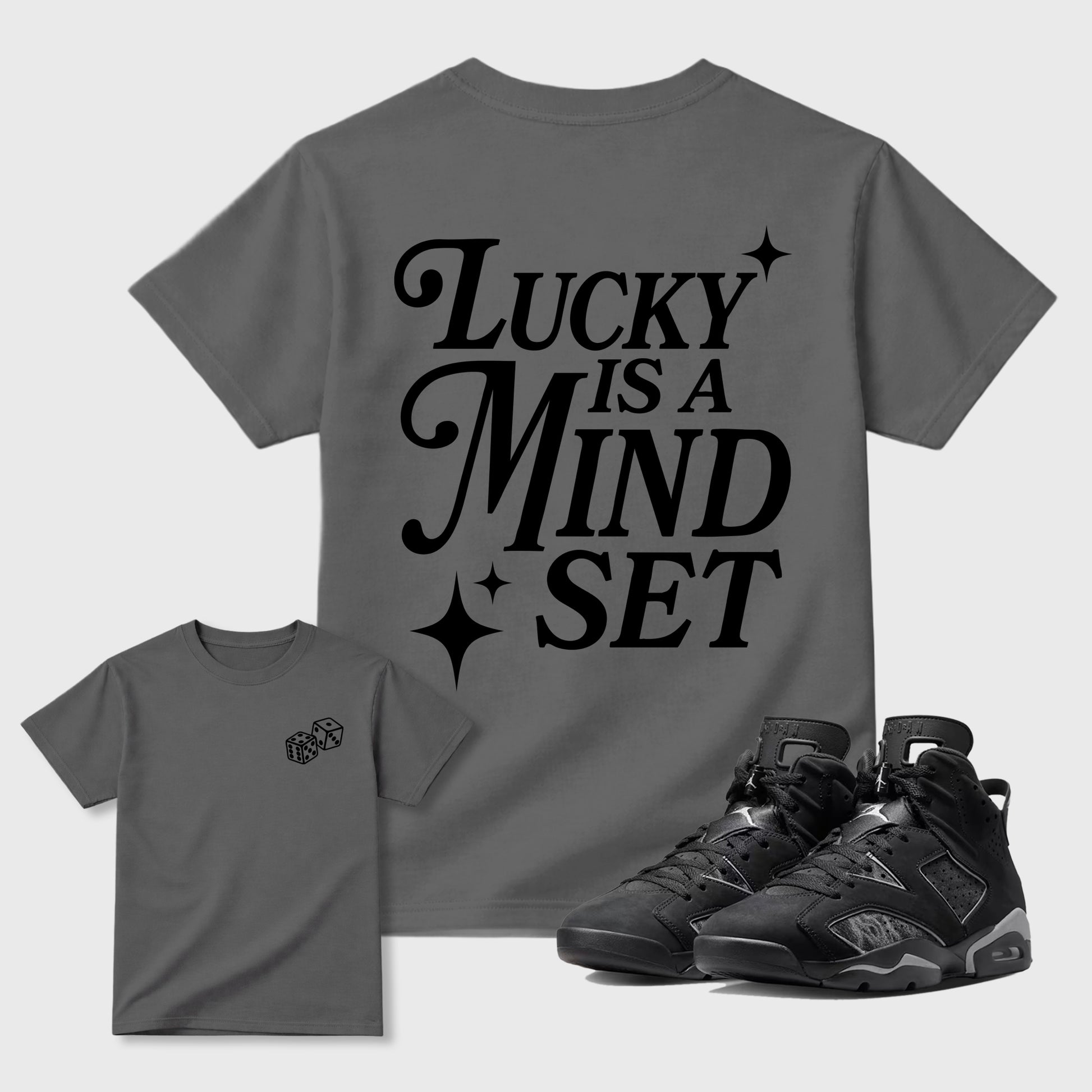 Lucky Is a Mindset graphic t-shirt styled to complete your sneaker outfit with the 6s Cap&Gown, shown in Cool Grey.
