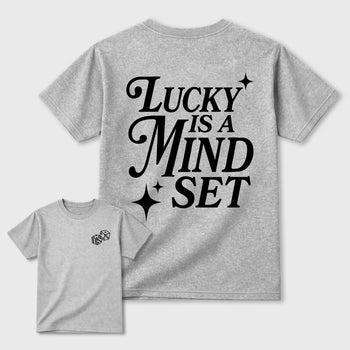 Lucky Is a Mindset graphic t-shirt styled to complete your sneaker outfit with the 6s Cap&Gown, shown in Heather Grey.