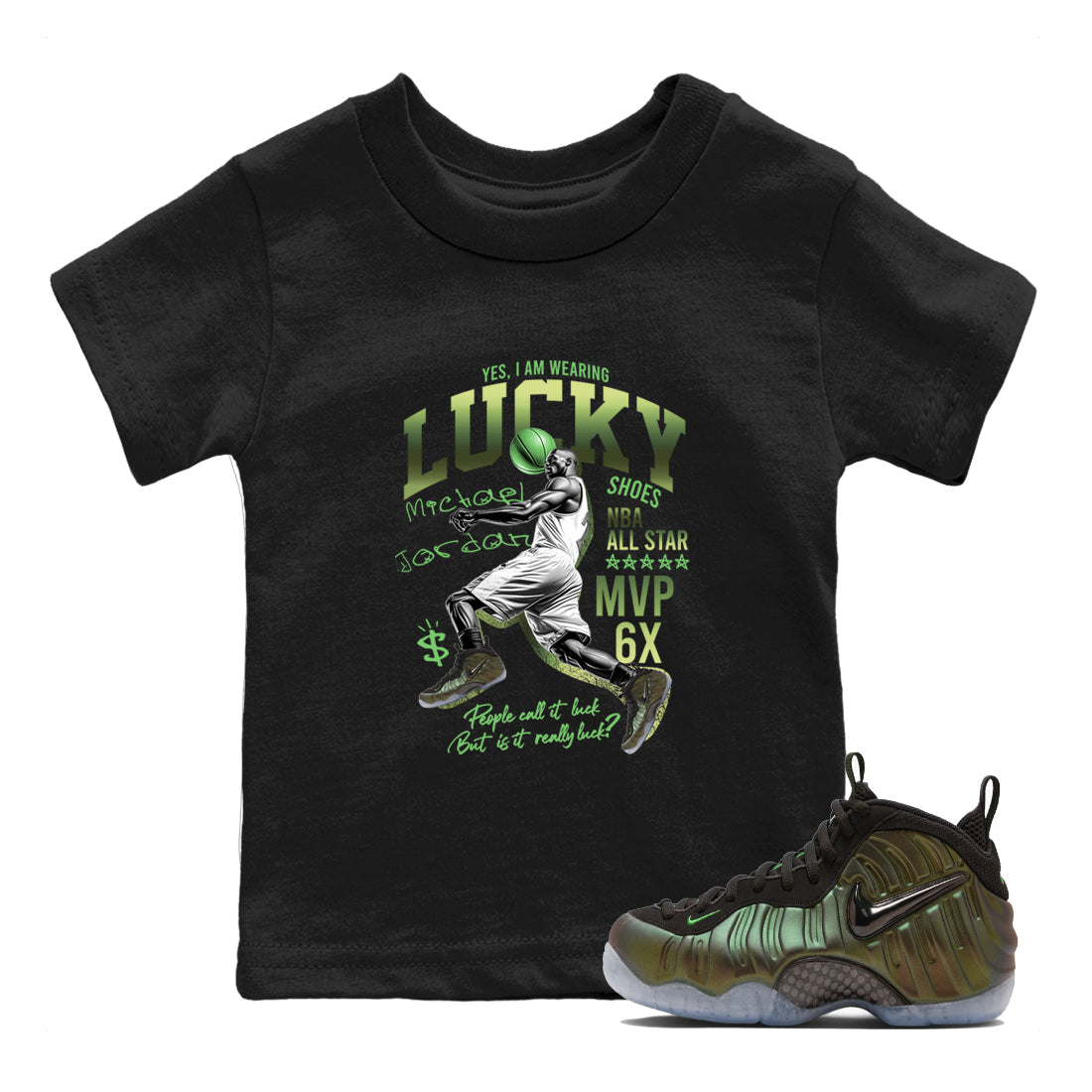 Sneaker match tees – Sneaker Tees To Match Air Foamposite One Pine Green Shoes – Lucky Player Kids T-Shirt Black 1
