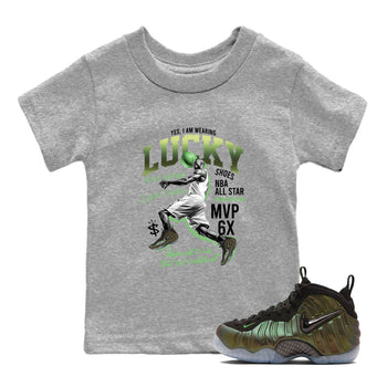 Sneaker match tees – Sneaker Tees To Match Air Foamposite One Pine Green Shoes – Lucky Player Kids T-Shirt Heather Grey 1