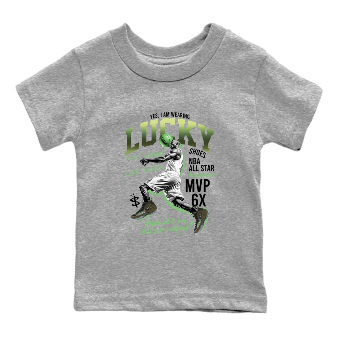 Sneaker match tees – Sneaker Tees To Match Air Foamposite One Pine Green Shoes – Lucky Player Kids T-Shirt Heather Grey 2
