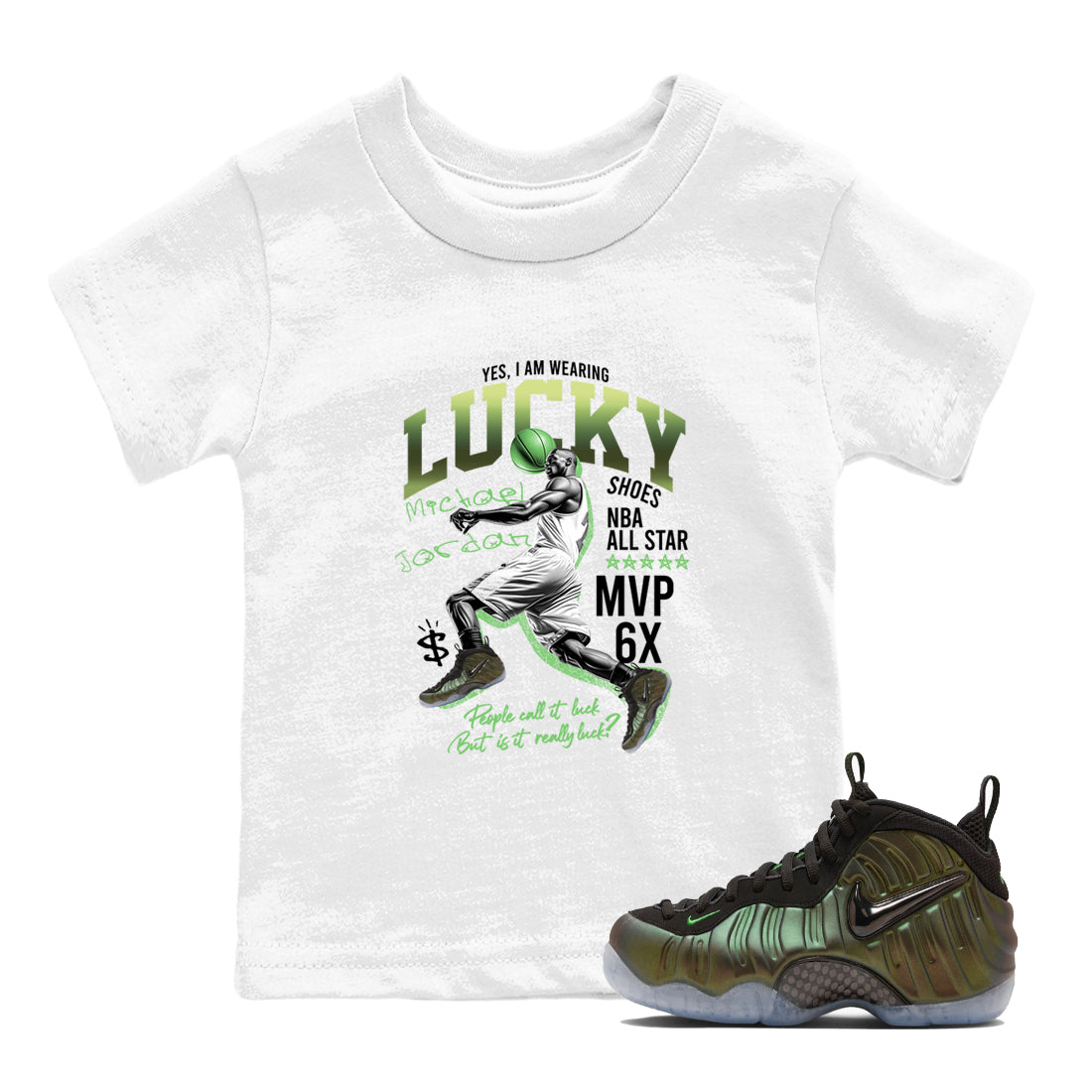 Sneaker match tees – Sneaker Tees To Match Air Foamposite One Pine Green Shoes – Lucky Player Kids T-Shirt White 1