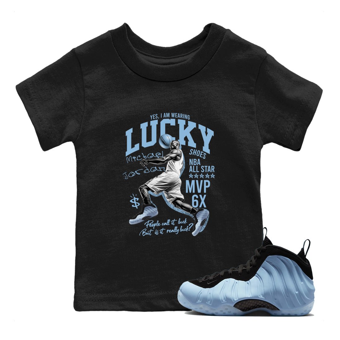 Lucky Player baby and kids t-shirt crafted for little sneakerheads to shine with the Air Foamposite One Psychic Blue sneakers, displayed in Black 1.