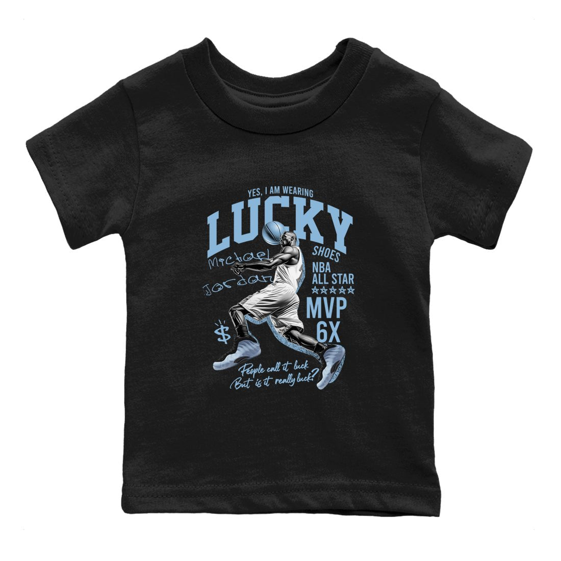 Lucky Player baby and kids t-shirt crafted for little sneakerheads to shine with the Air Foamposite One Psychic Blue sneakers, displayed in Black 2.